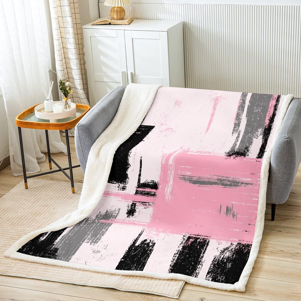 Abstract Art Fleece Throw Blanket - Modern Pink Black Pattern Sherpa - 40"x50" Fuzzy Blanket for Bed, Sofa, Couch - Room Decor
