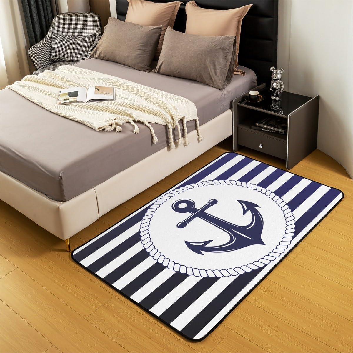 Erosebridal Nautical Living Room Rugs for Kids Adults Boys Navy Anchor Decorative Carpet Geometric Blue Stripes Area Rug Retro Sea Adventure Theme Ocean Navigation Indoor Floor Mat