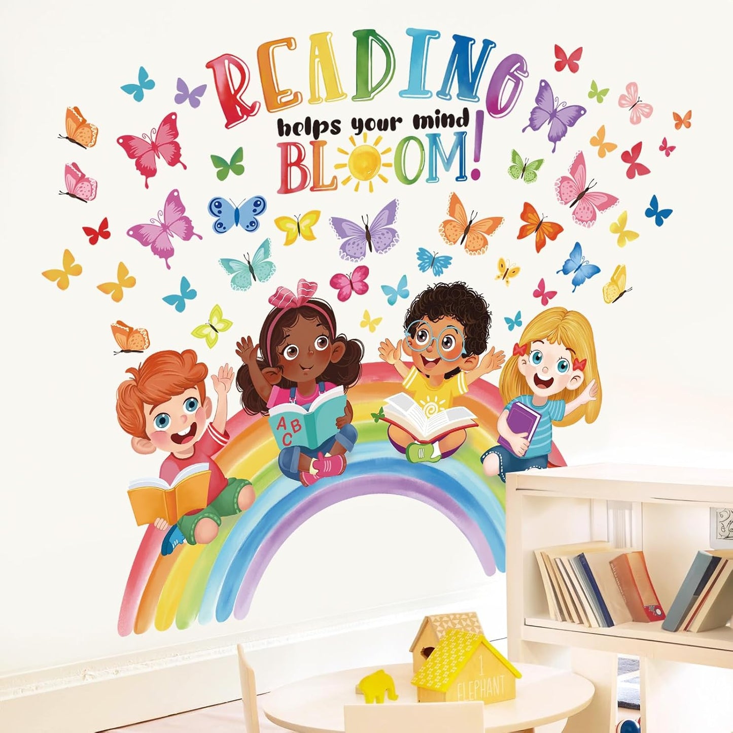 wondever Reading Corner Rainbow Wall Decals Butterflies Kids Inspirational Quotes Reading Helps Your Mind Bloom Peel and Stick Wall Art Stickers for School Classroom Kids Room