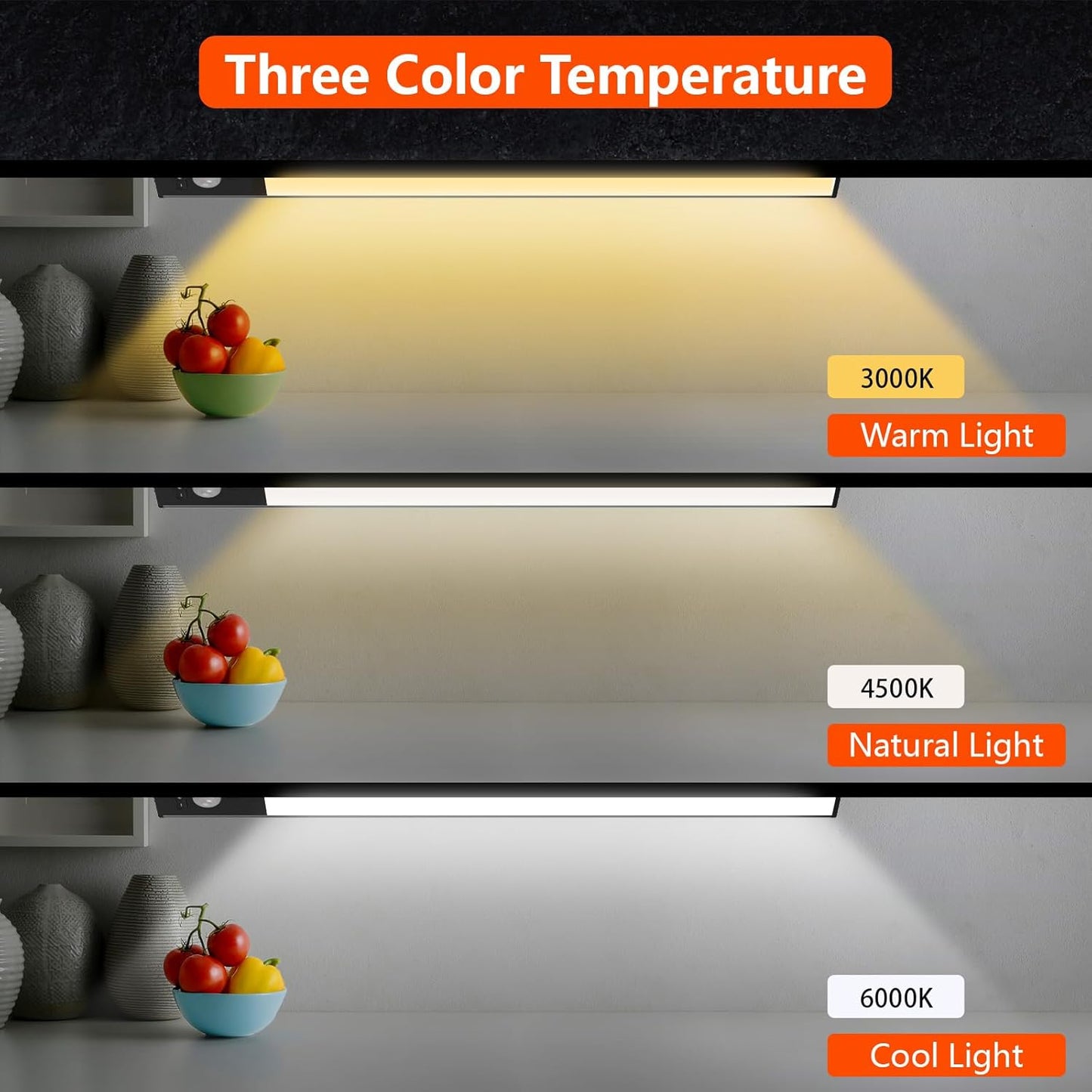 Under Cabinet Lights, Motion Sensor Lights Indoor, Rechargeable Under Counter Lighting, Wireless Magnetic Closet Lights, 3 Color Temperatures, for Kitchen, Wardrobe, Closets, Cupboard(Black)
