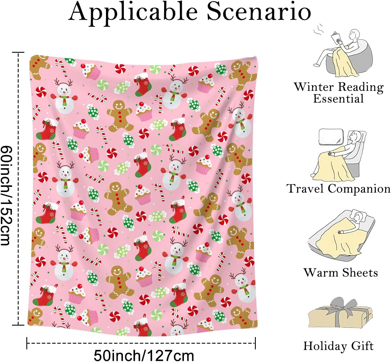 Christmas Pink Throw Blanket, Gingerbread Snowman Fuzzy Blanket, Christmas Candy Cupcakes Holiday Soft Cozy Flannel Blanket for Bed Couch Sofa, 50x60 Inches