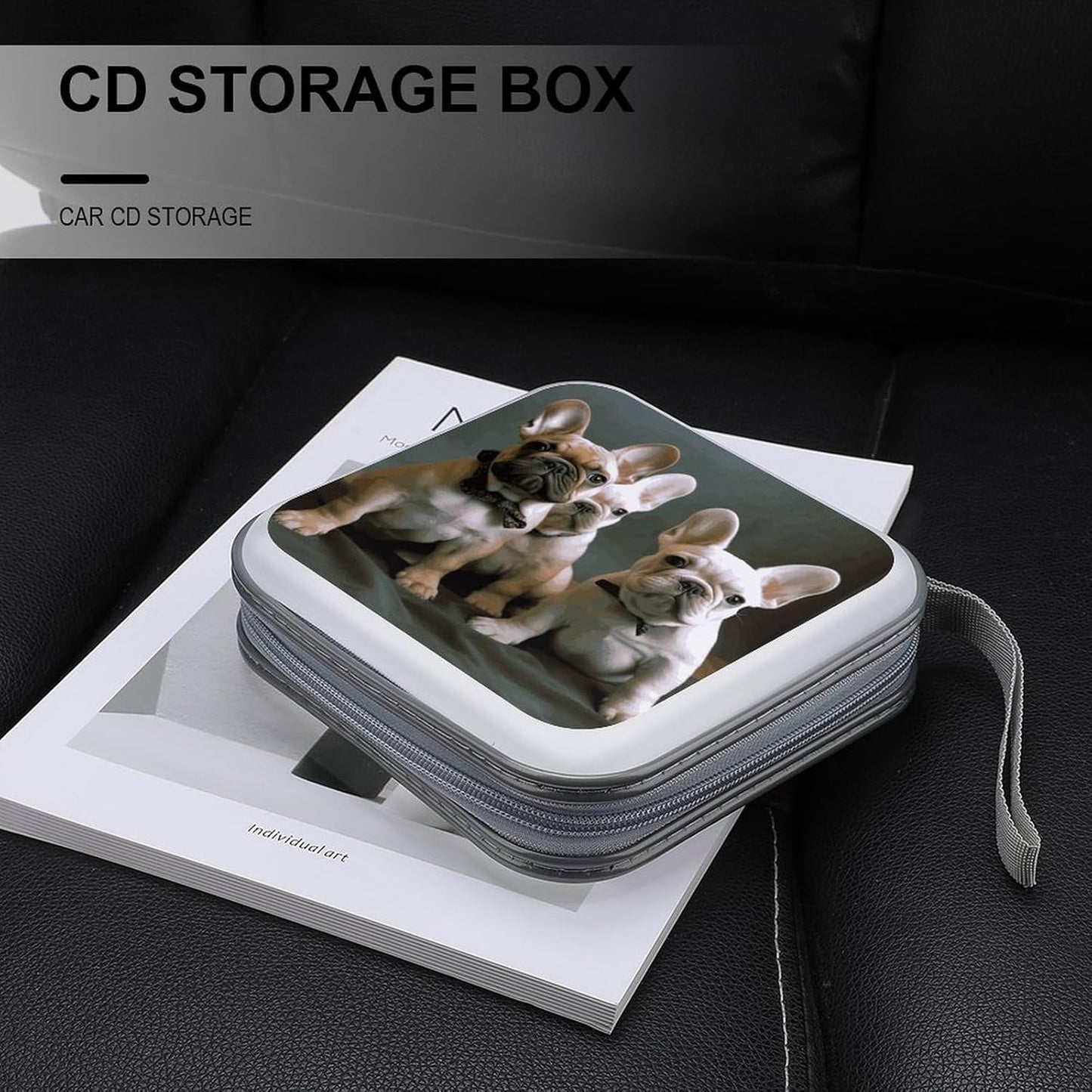 French Bulldog Puppies CD Case 40 Capacity Case Zipper CD Collection Bag with Handles Cover DVD Storage Hard Plastic DVD Disc Cases Storage Binder for Car Home Office Travel