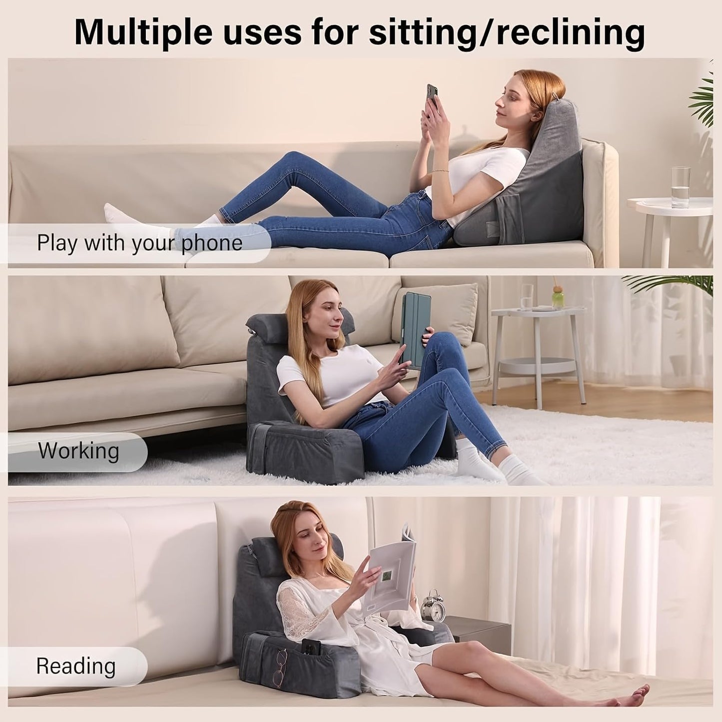 Backrest Pillow with Armrests and Storage Pockets, Gray, Reading Support Cushion with Removable Arms and Neck Roll