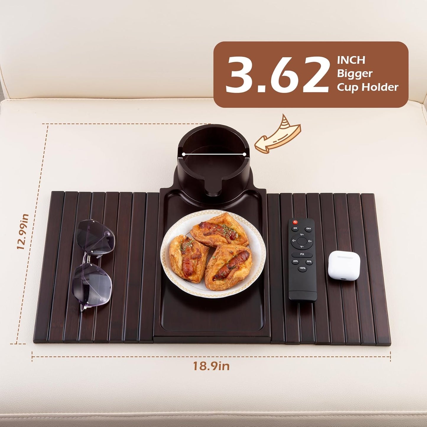 Couch Cup Holder Tray, 3 in 1 Large Couch Arm Trays,Bamboo Chair Clip on Tray with 360° Ratated Phone Cup Holder for Couch,Snacks,Remote,Phone-Black Walnut