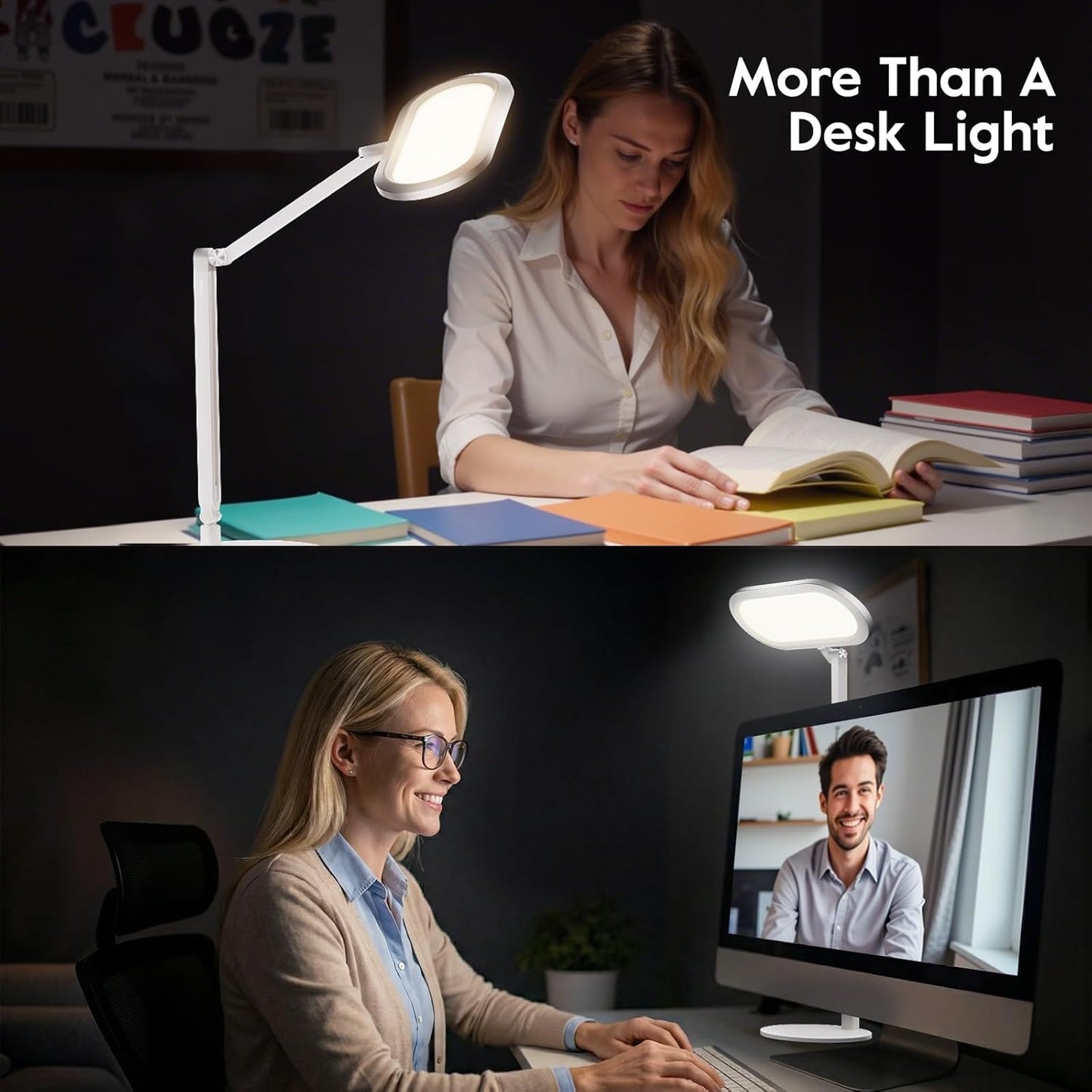 LED Desk Lamp for Home Office – Professional Double-Sided Lighting, Eye-Caring Computer Lamp with Knob Remote, Stepless Dimming & Color, Memory, for Zoom, Studying, Streaming & Video Conference, White