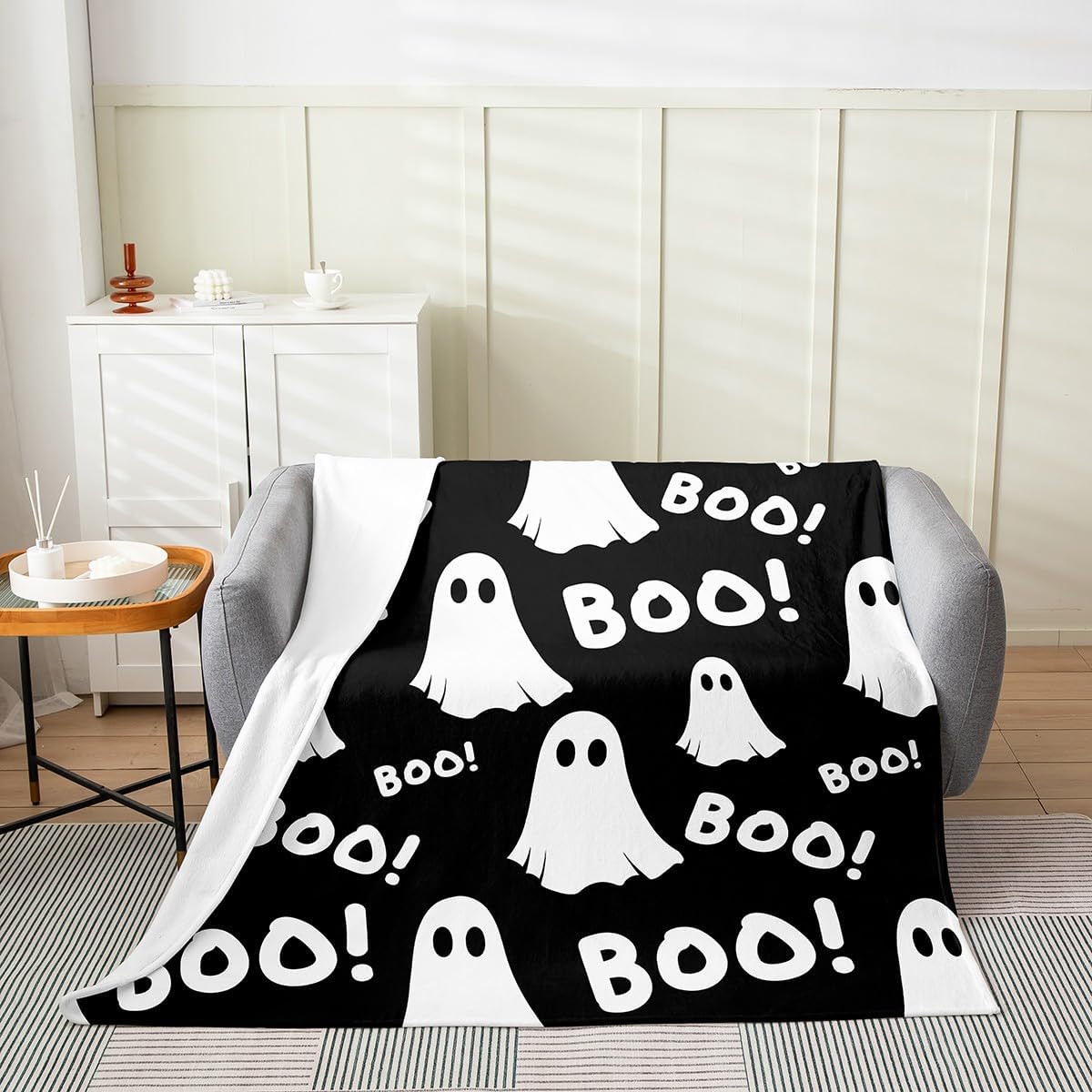 Castle Fairy Funny Ghost Flannel Fleece Blanket Throw Size,Super Soft Cozy Happy Halloween Theme Plush Blankets,Lightweight Microfiber Black White Throw Blanket for Couch Sofa Bed,50x60 Inches