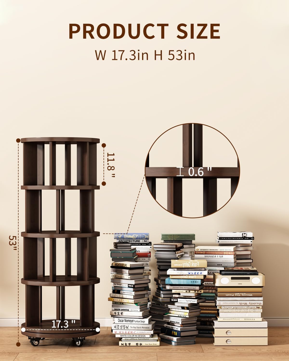 Saifu 4 Tier Wood Rotating Bookshelf on Wheels,Round Revolving Bookcase,360° Spinning Book Shelf Tower,Rolling Bookshelves for Small Space, Corner, Bedroom, Kids Room,Office, Walnut