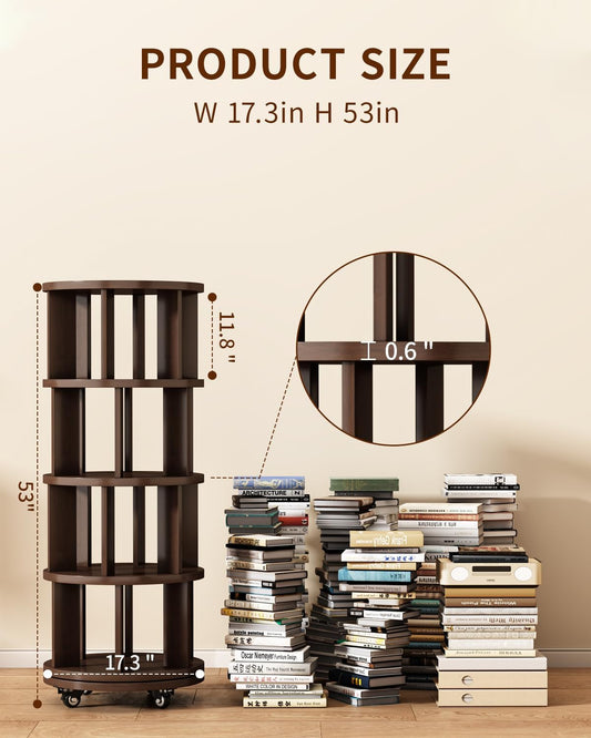 Saifu 4 Tier Wood Rotating Bookshelf on Wheels,Round Revolving Bookcase,360° Spinning Book Shelf Tower,Rolling Bookshelves for Small Space, Corner, Bedroom, Kids Room,Office, Walnut