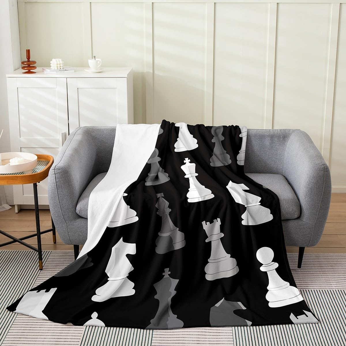 Feelyou Black White Grey International Chess All Season,Bed Blanket Set Chess Board Game Plush Throw Blanket, for Sofa Couch Kids Checkerboard Flannel Fleece Blanket Chess Lovers Throw 50"x60"