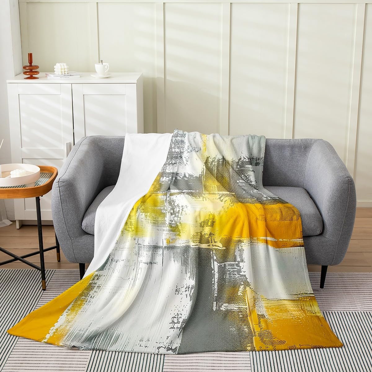 Erosebridal Oil Painting Throw Blanket 50x60 inch Modern Ombre Fleece Blanket Retro Watercolor Flannel Blanket,Rustic Yellow Grey Bed Blanket for Sofa Couch