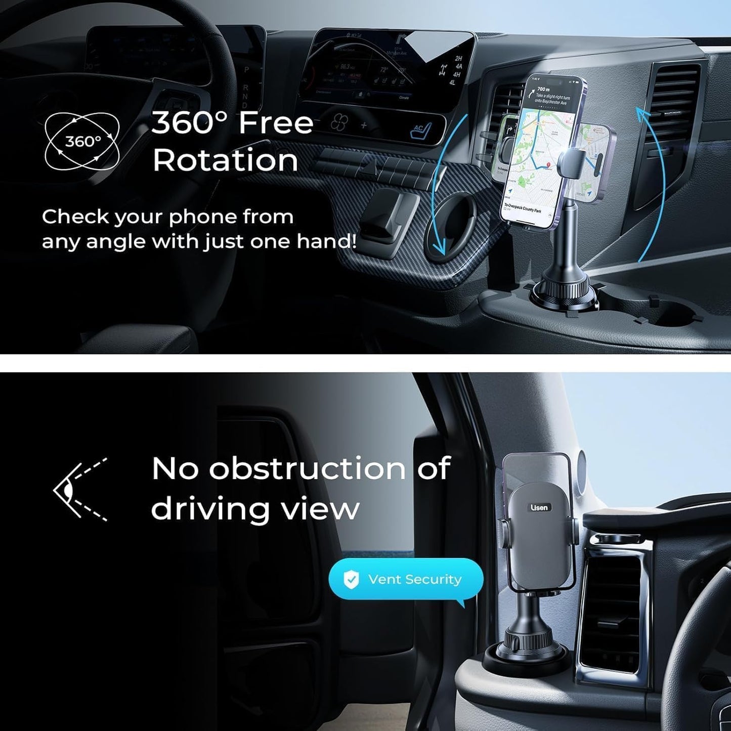 LISEN Cup Holder Phone Holder [No Shaking] Phone Holder for Car, 360° Adjustable iPhone Holder Car Accessories for Women Truck Jeep Golf for iPhone 17 Pro Max 16 15 14 Samsung S25 All 4-7'' Phone