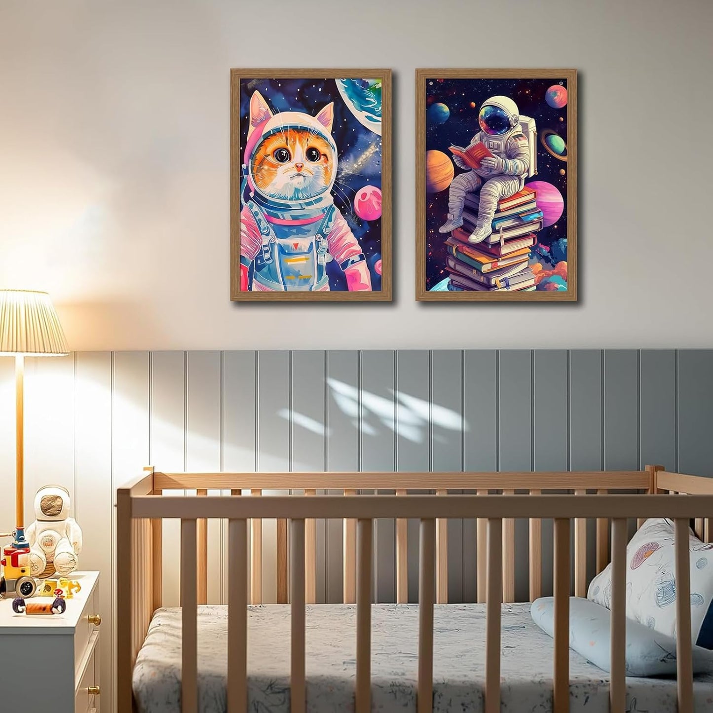 2Pcs Framed wooden Funny Cat Wall Art Astronaut Posters for Kids, Whimsical Cat In Space Canvas Printing Poster for Room Aesthetic, Colorful Kids and Nursery Art 12x16in