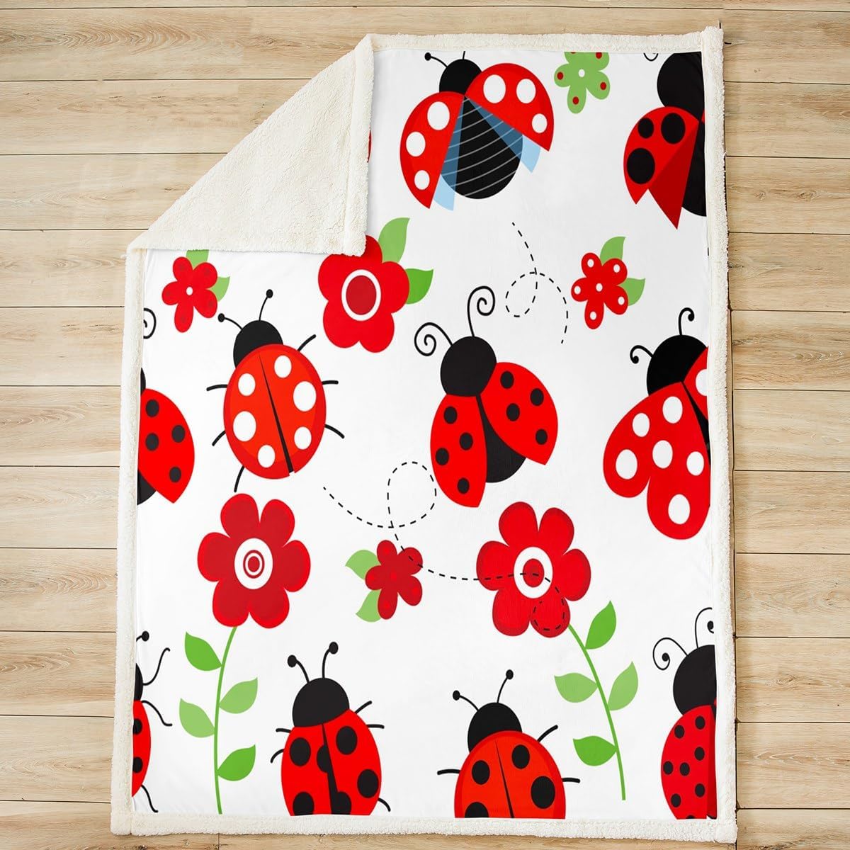 Castle Fairy Ladybug Fleece Throw Blanket Super Soft Cozy Red Floral and Insect Sherpa Blanket for Kids Women Adults Cute Bug Plush Blanket Entomology Fuzzy Blanket for Sofa Bed Couch(30x40 Inches)
