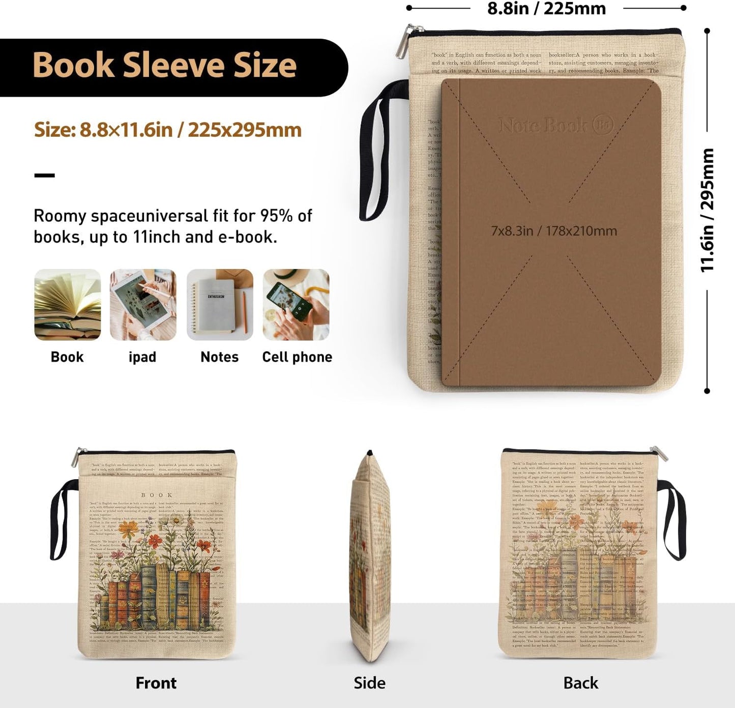 Bookish Flower Blossoms Book Sleeve Pouch, Book Lovers Gifts Book Covers Protector for Paperbacks with Handle for Reader Bookworm, Book Club Gifts for Chritsmas, Reading Accessories for Student