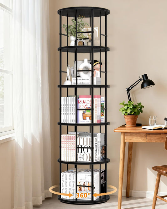 5-Tier Rotating Bookshelf Tower – 360° Spinning Bookcase, Stackable Narrow Storage Organizer, Tall Space-Saving Swivel Shelf for Corner, Bedroom, Living Room, or Office (Black)