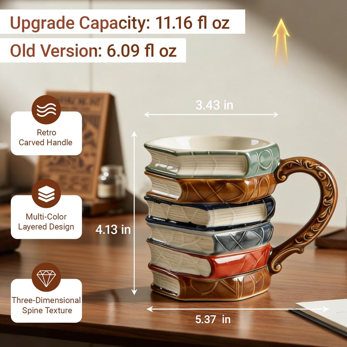 suigetsu Hand Painted 3D Book Stack Glass Coffee Mug, Colorful Stained Glass Design, Novelty Cup for Book Lovers (VINTAGE)
