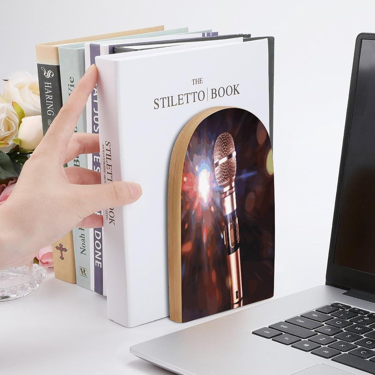 Non-Slip Bookend for Shelves Karaoke Microphone Wooden Bookends with Metal Base Decorative Book Stopper for Home Heavy Duty Wood Book Storage for Books/CDs
