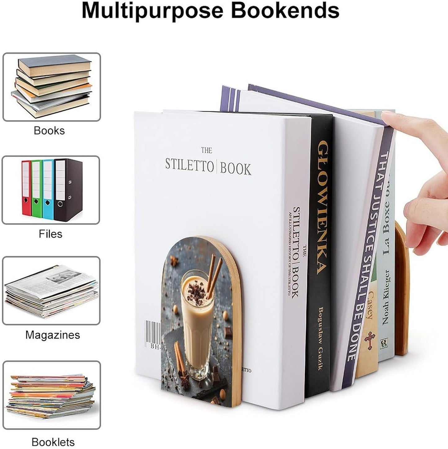 Eggnog Bookends 1 Pair Heavy Duty Book Ends for Shelves Non-Skid Bookend Supports Wooden Book Holders with Metal Base Desk Organizers Books Storage to Hold Books