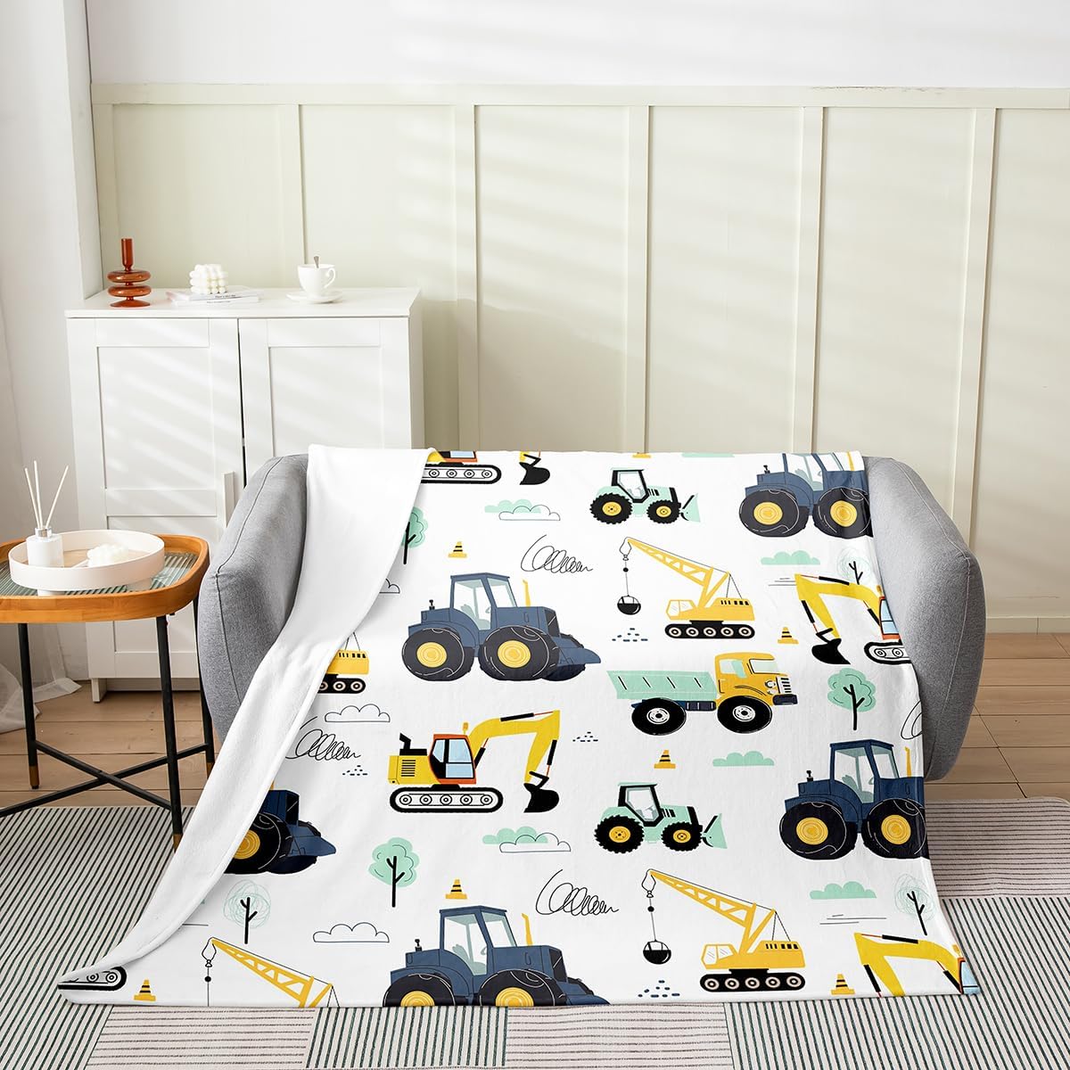 Kids Excavator Blanket 40"X50", Equipment Trucks Throw Blanket For Boys Girls Kids Children, Construction Vehicle Fleece Blanket, Cartoon Tractor Yellow Blue Vehicle Flannel Blanket Bedroom Decor