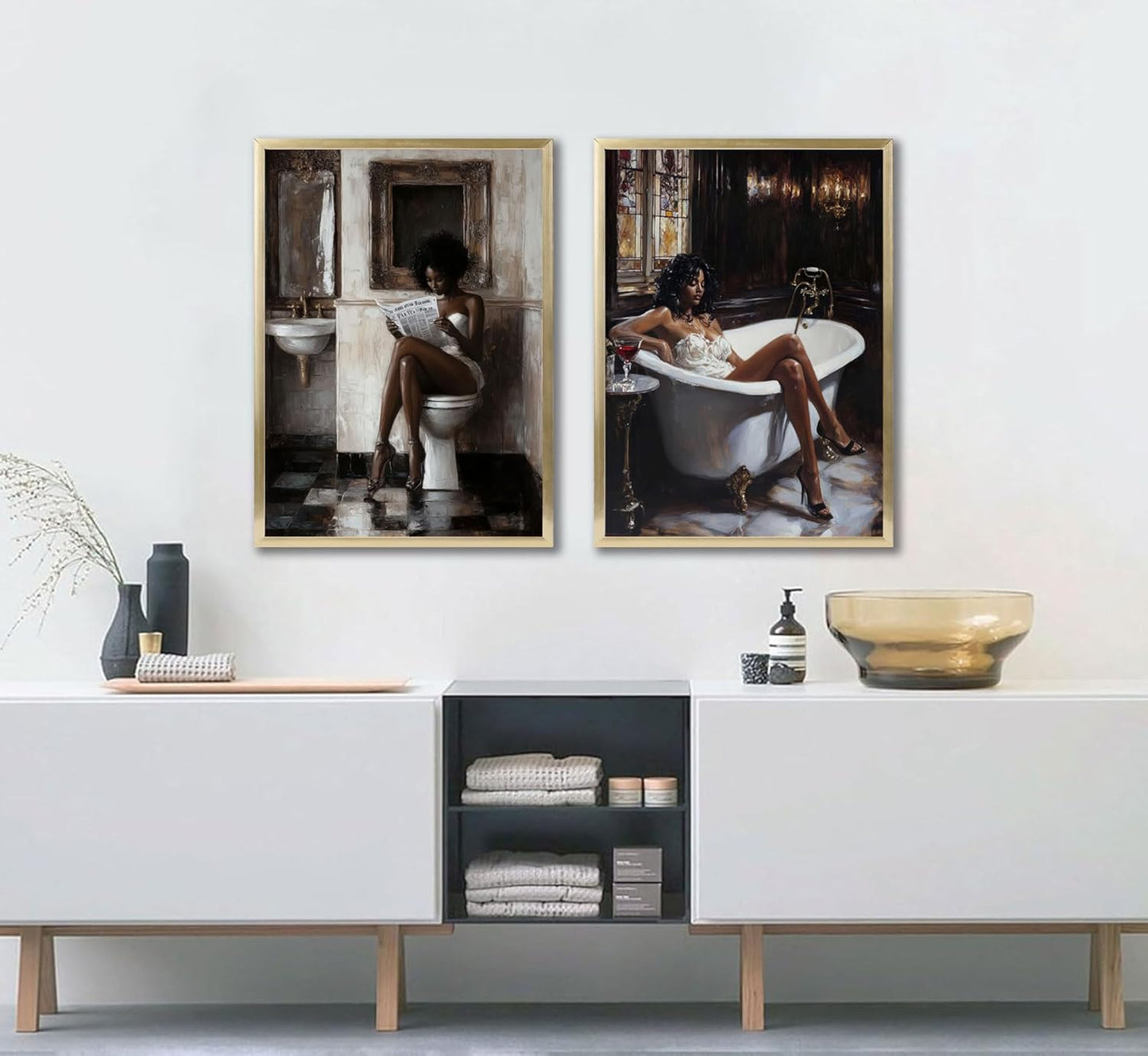 2pcs Black Women Bathroom Canvas Wall Art African American Bathroom Posters Prints Paintins Fashion Black Girl Reading Newspaper Wall Decor Pictures for Toilet Restroom Furniture Decoration Unframed