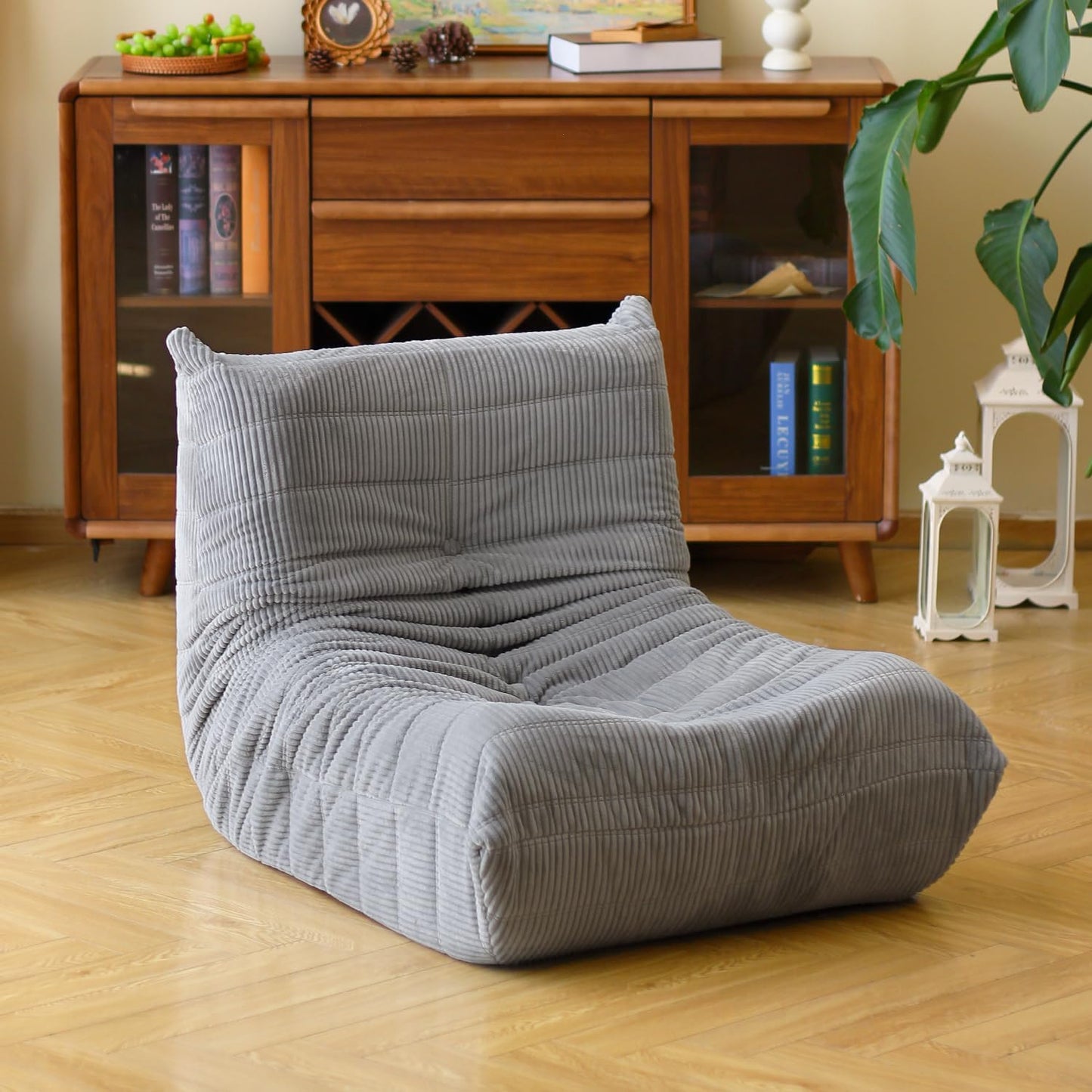 N&V Fireside Floor Sofa- Mid-Century Modern Armless Lounge Chair with Premium Soft Corduroy Fabric, Plush Foam Cushion Accent Chair for Living Room, Bedroom & Office (Light Grey)