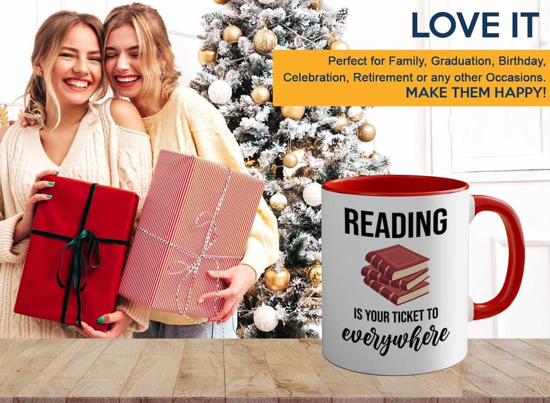 Bookish 2Tone Mug 11oz Red -Reading ticket to everywhere - Novel enthusiast Book Club Librarian Book Lover Writer Reader Bibliophile