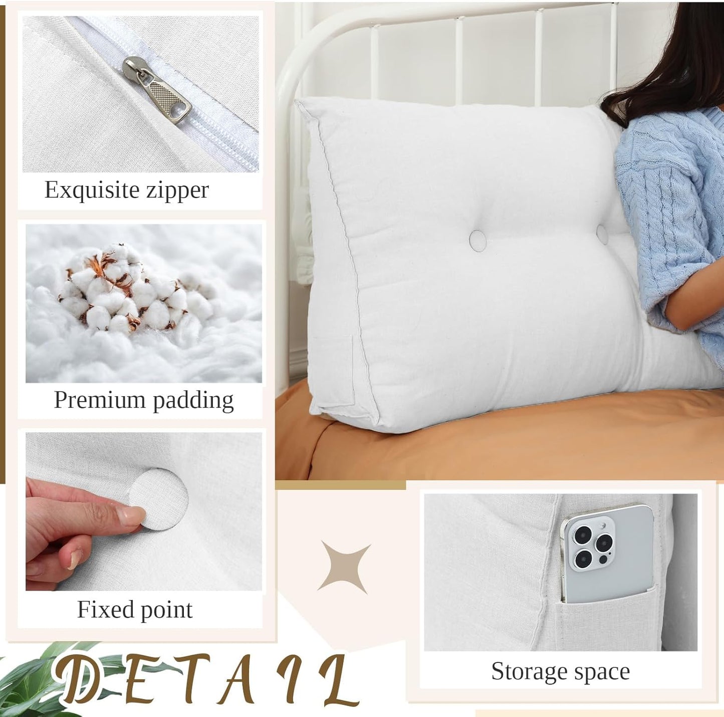 Wenqik Wedge Pillow King Triangular Headboard Bed Reading Backrest Back Support Long Pillow with Removable Cover for Dorm Room Supplies Housewarming Gift(White)