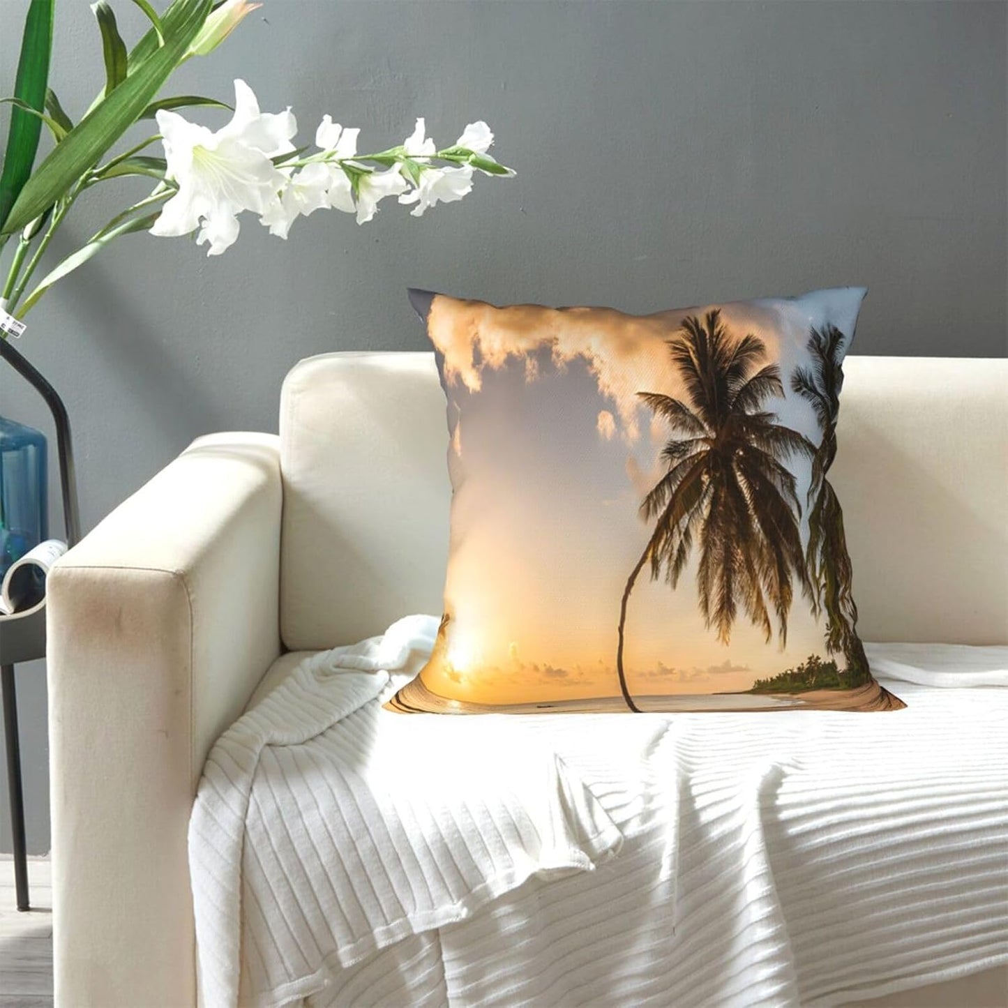All-Season Square Pillow Covers 18"X18", Sunset Hawaiian Palm Tree, Decorative Throw Pillow Covers For Sofa Bed Couch, Hidden Zipper Cushion Cover, Square Lumbar & Accent Pillowcases For Home Decor