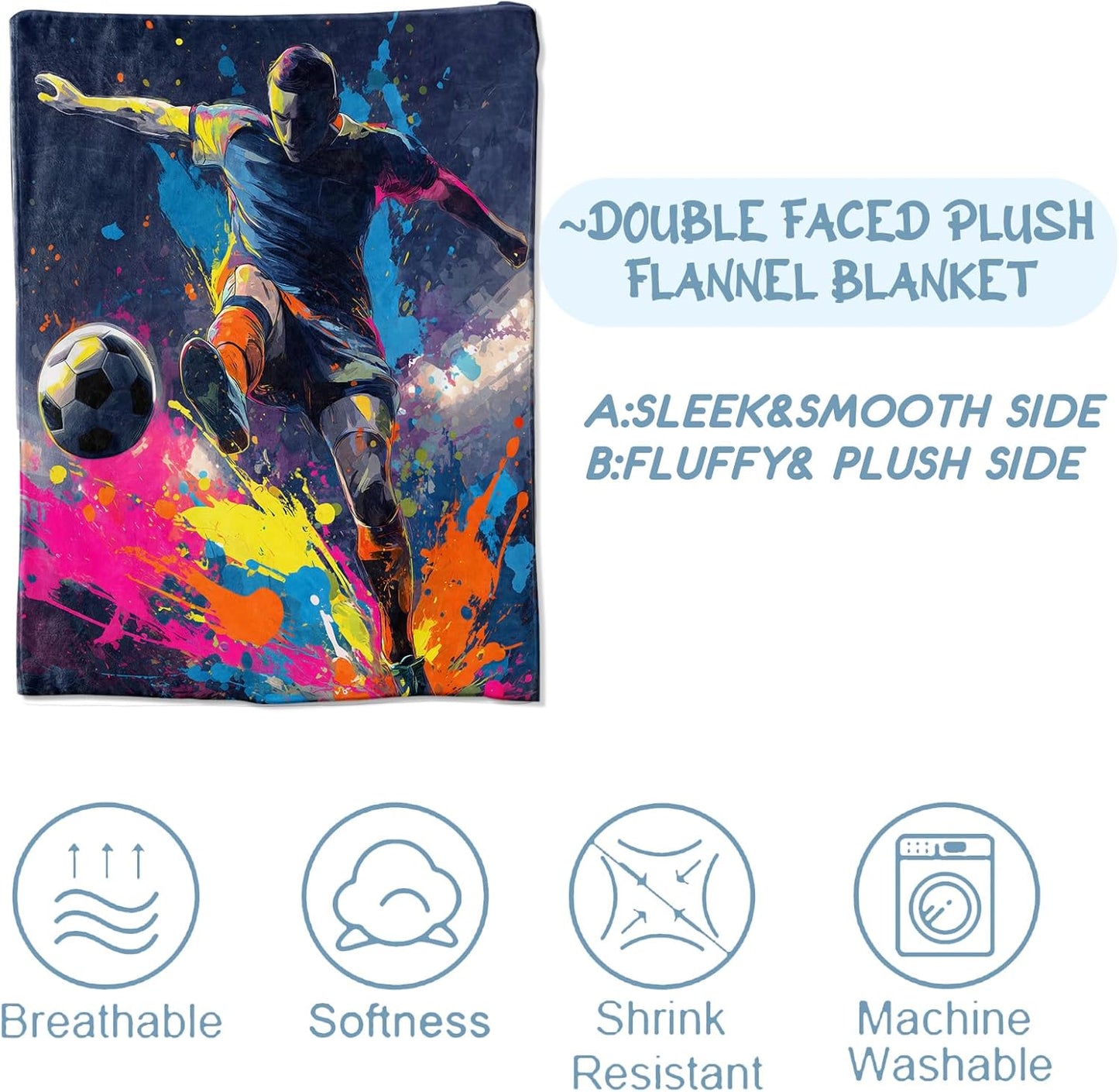 Colorful Soccer Flannel Blanket, Soft Cozy Throw with Sport Ball Football, Lightweight Blankets for All Seasons, Vibrant Home Sofa Bed Decor and Gifts for Men Boys Athlete, 50x60 Inch
