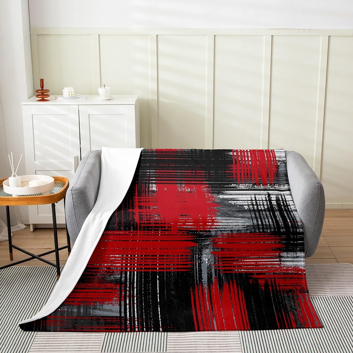 Feelyou Abstract Flannel Fleece Blanket Set Modern Abstract Art Plush Throw Blanket, for Sofa Couch Red Black Grey Pattern Bedding All Season,Bed Blanket Set Room Decor Queen 90"x90"