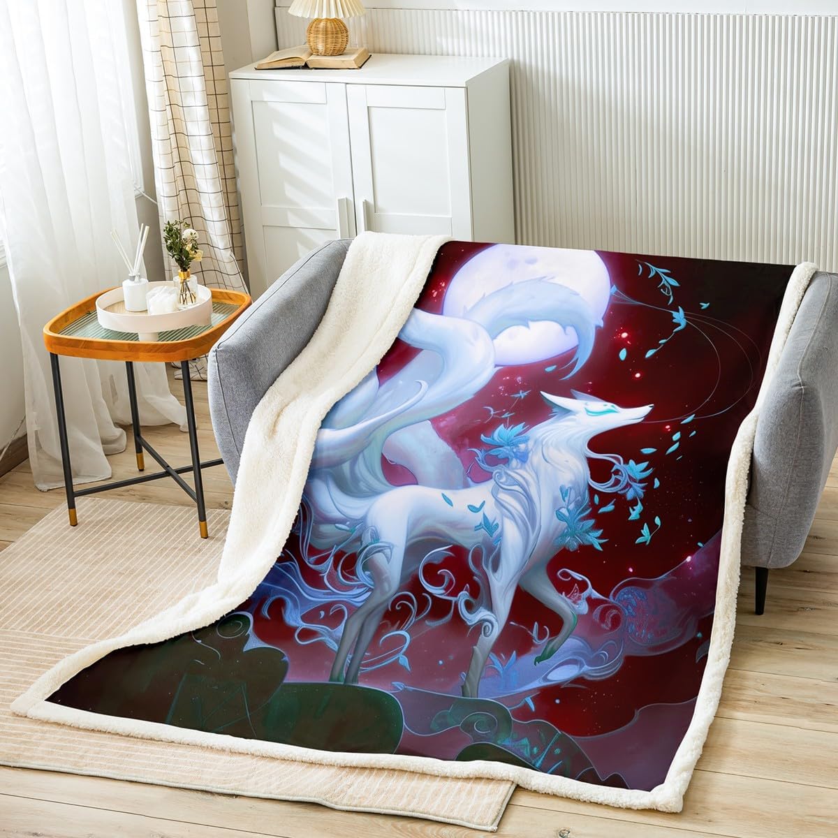 Japanese Ukiyoe Throw Blanket,Fox Cherry Blossom Fleece Blanket,Kids Boys Adults Girls Room Decor,Moon Night Starry Sky Fuzzy Blanket Exotic Animals Romantic Sherpa Blanket,for Chair/Sofa,40"×50"