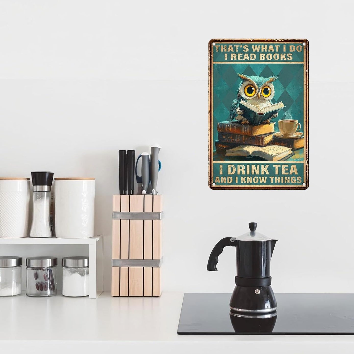 Owl Metal Tin Sign Book Lovers Tin Sign That's What I Do I Read Books I Drink Tea And I Know Things Poster Wall Decor for Bars Restaurants Cafes Pubs 12 * 8inch