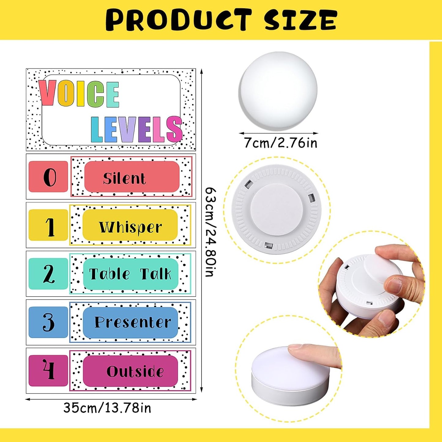 5 Pcs School Push Light and Voice Level Poster Sticker LED Tap Light Voice Chart Battery Operated Button Lights Noise Level Monitor Rules Sign for Classroom Teachers(Colorful)