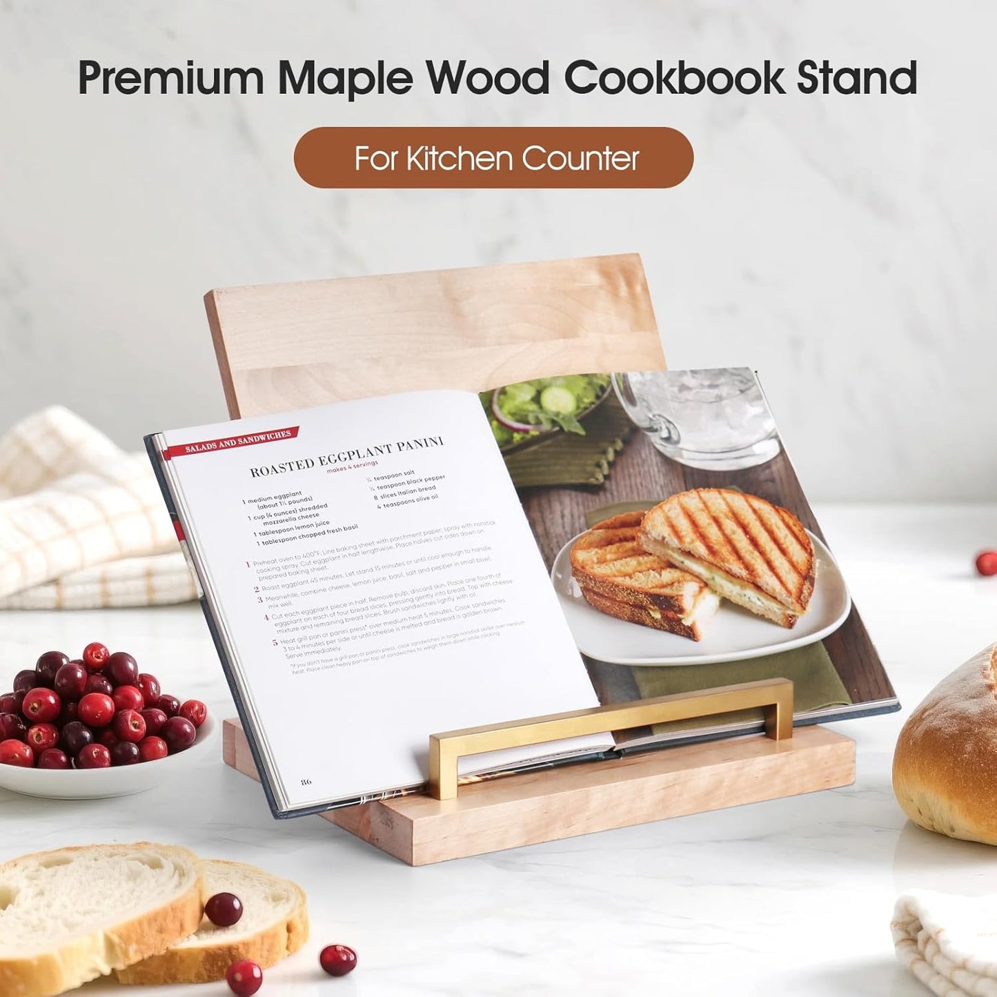 Cookbook Stand with Removable Cutting Board – Adjustable Recipe Book Holder, Charcuterie Board & Kitchen Serving Tray, Kitchen Counte Decor (Gold)