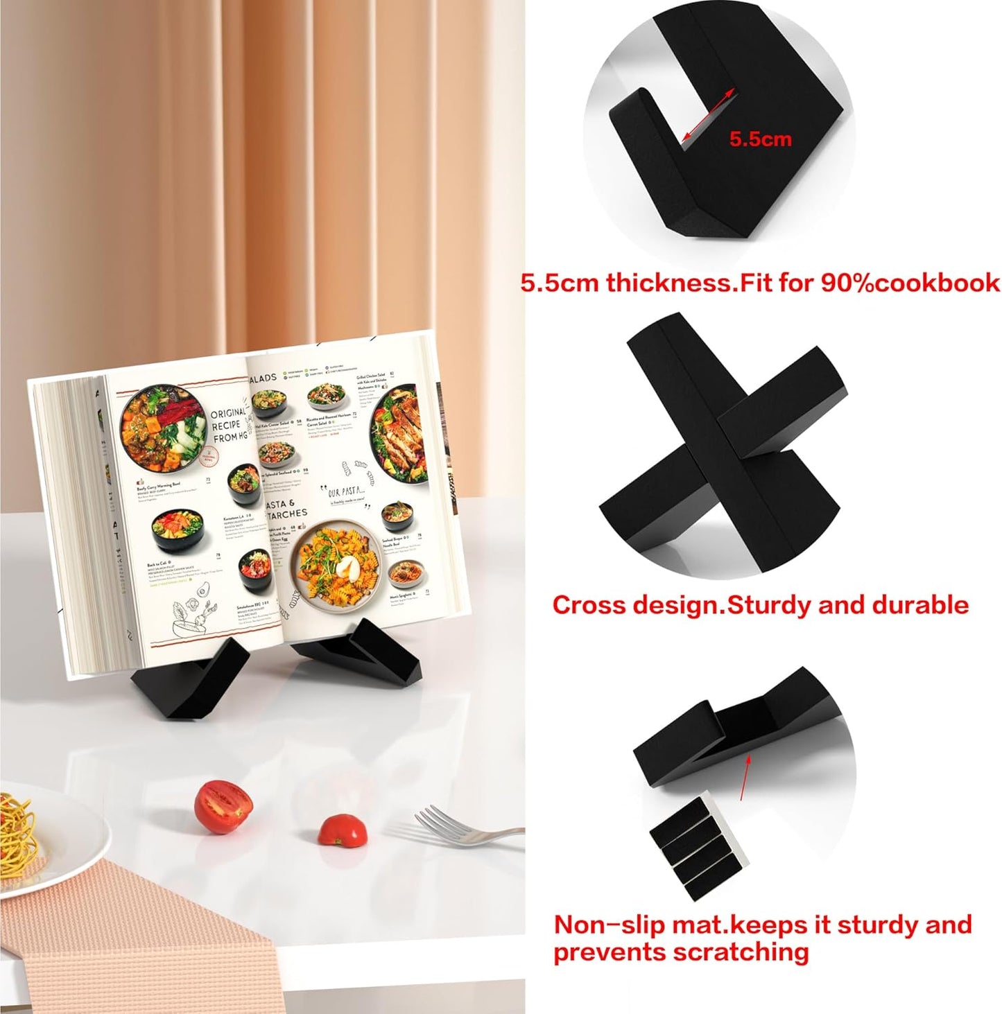 Webtrlics Cookbook Stand, Cookbook Holder for Kitchen,Black Recipe Book Holder for Counter,Wooden Plate Holder Display Stand for Tabletop (Black)