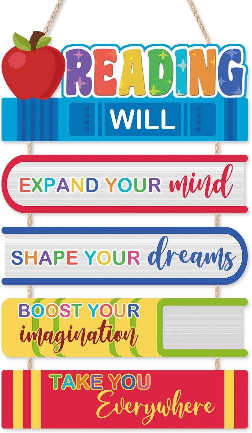 HOURIA Colorful Reading Classroom Decorations,Reading Will Take You Everywhere School Library Wall Decor,Book Lovers Gifts,11.4X21.5” Inspirational Quotes Wood Sign for Kids' Room Elementary Classroom