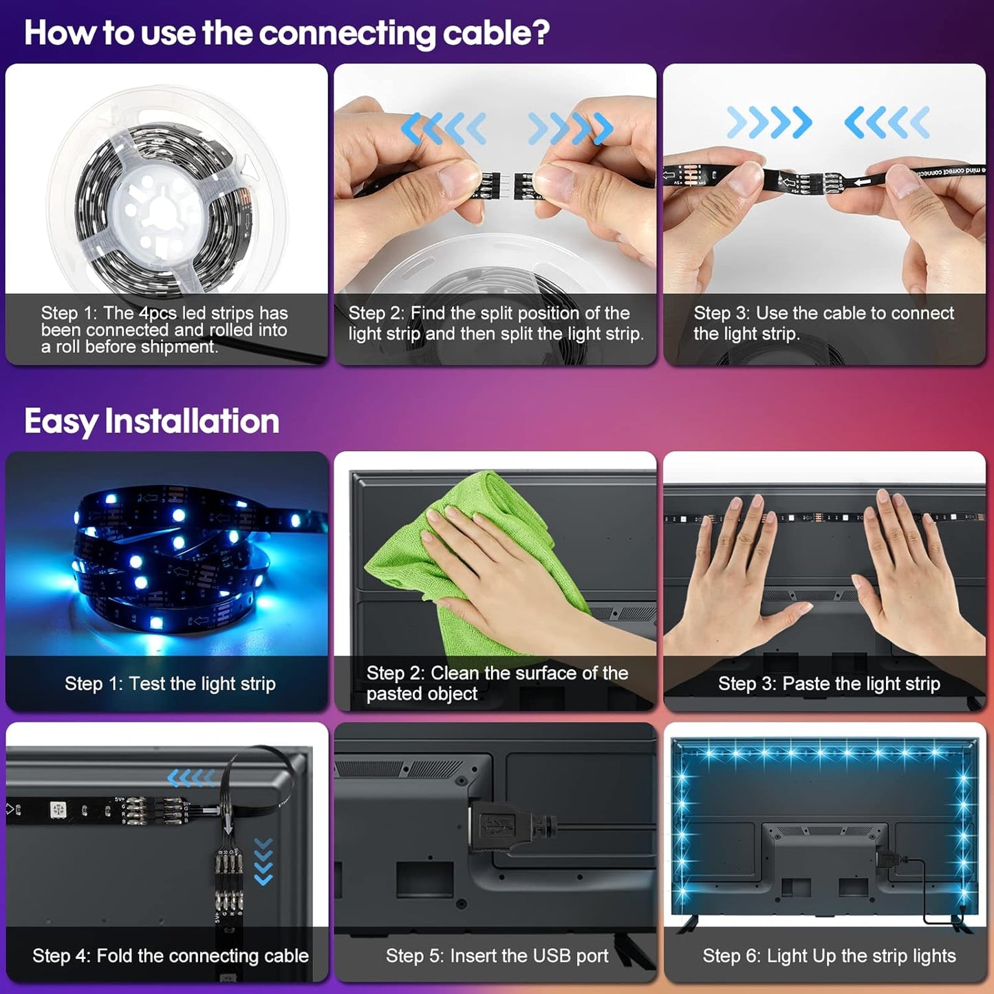 HOUHUI USB LED Strip Lights Kit, 4 Pre-Cut 1.64ft/6.56ft RGB LED Light Strips, Color Changing TV Backlights with Remote, RGB 5050 Bias Lighting for TV, PC, Monitor, Home Theater, DIY Decoration