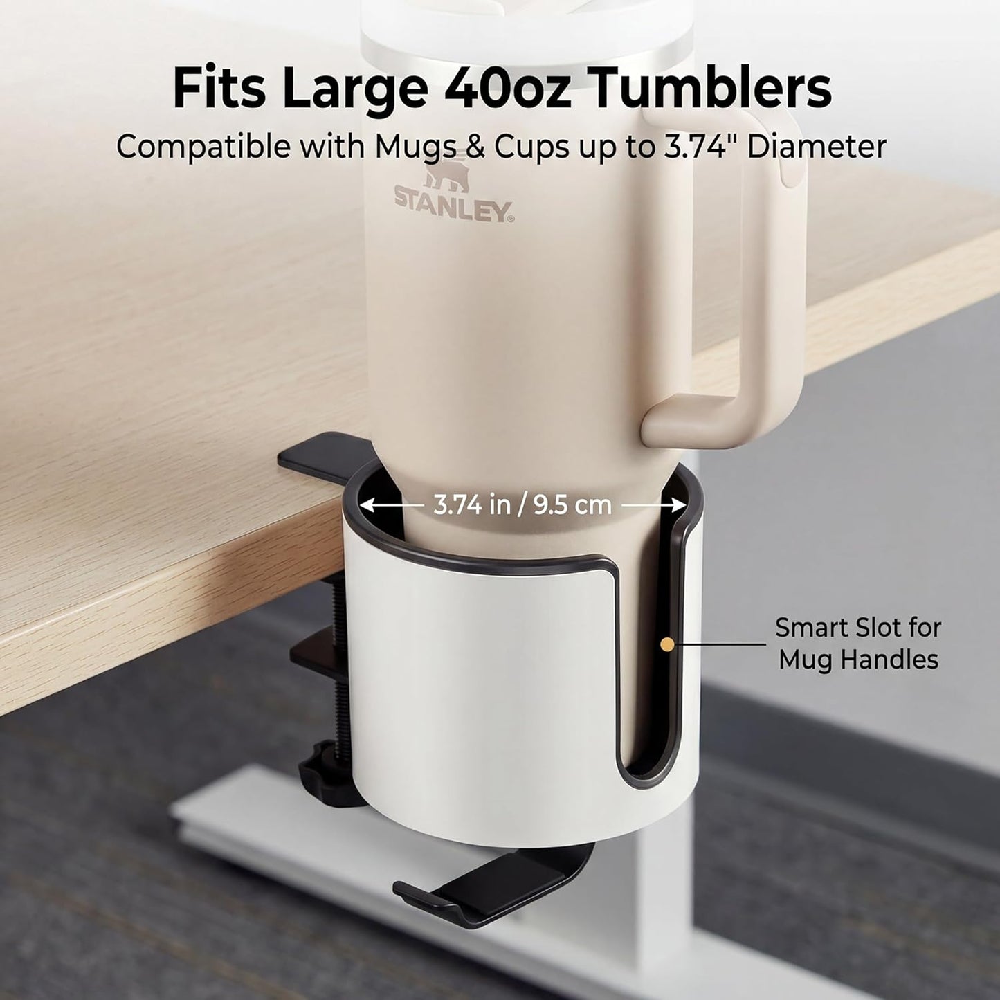 GUNKING Luxury 2-in-1 Anti-Spill Cup Holder with Under Desk Headphone Hanger (White)