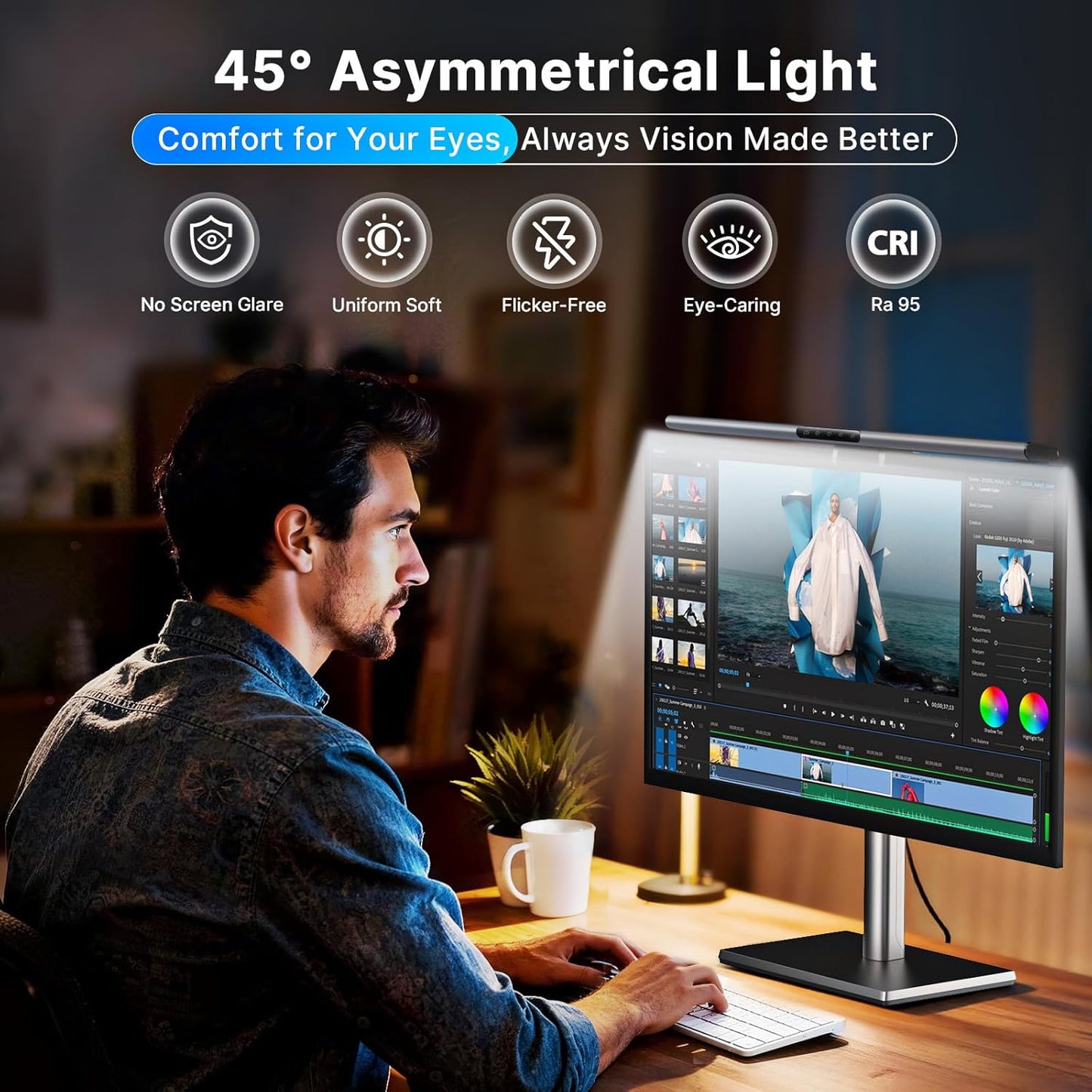 Syrinx 16.7" Computer Monitor Light Bar with Ambient Backlight, USB Reading LED Lamp, Screen Monitor Lamp, Touch + Gesture Control, Dimmable Desk Light, Eye-Caring, No Screen Glare for (Basic)