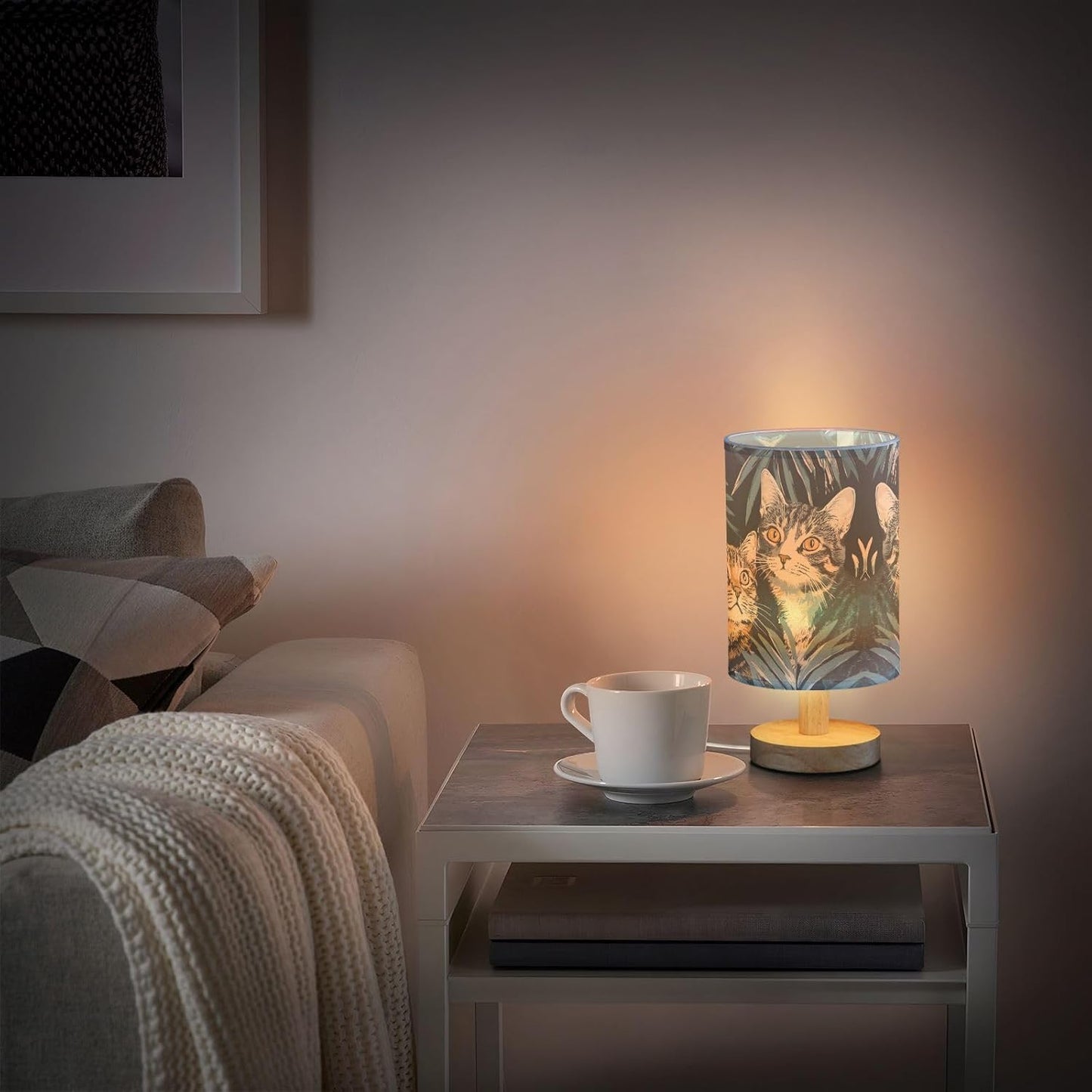Couple Cat Bedside Table Lamp for Bedroom, Minimalist Nightstand Lamp with Round Fabric Shade for Living Room, Office, No Bulb Required