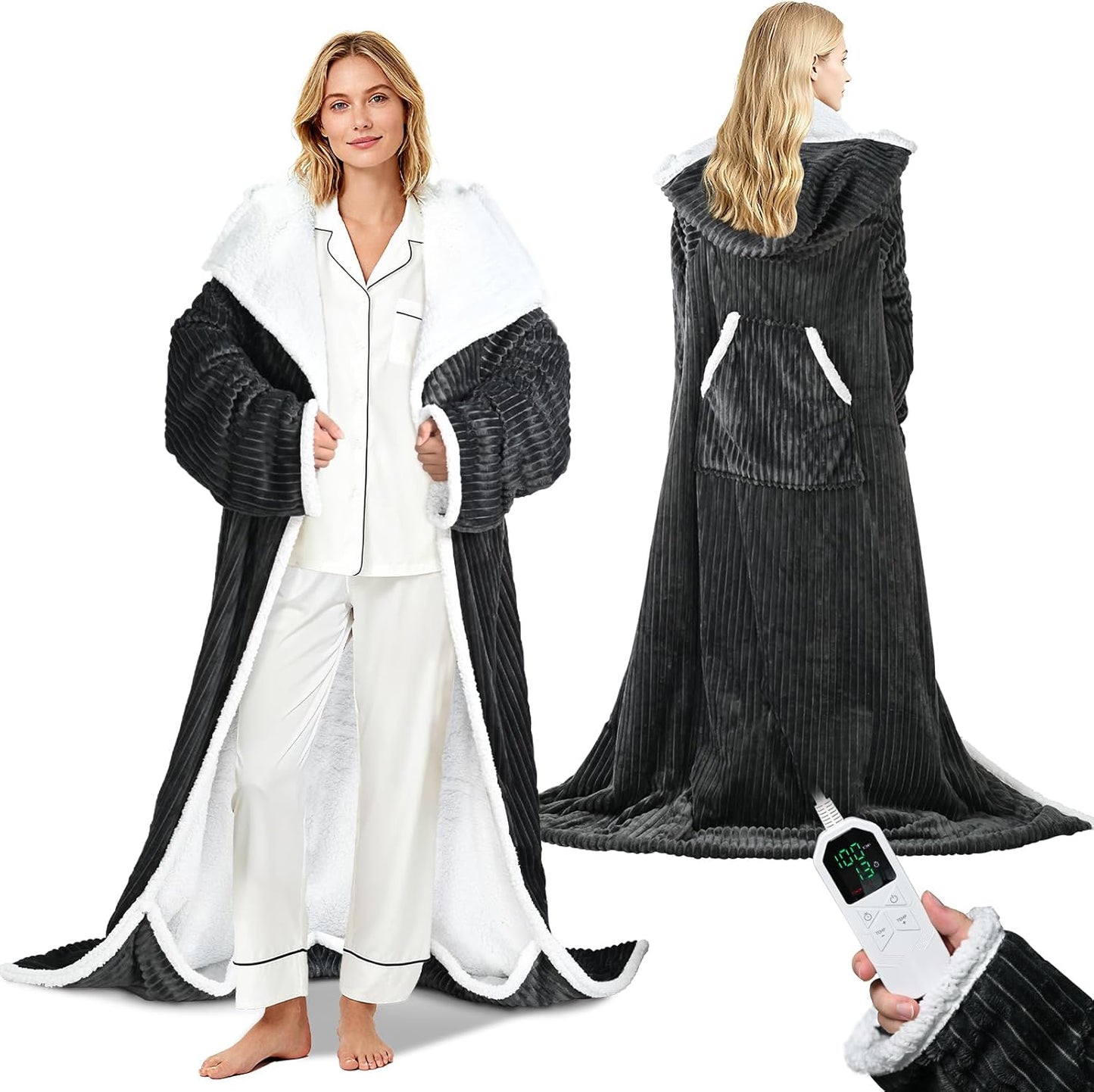 Electric Wearable Blanket with Foot Pocket, Heated Throw Blankets for Women, Snuggle Shawl Wraps with Sleeves