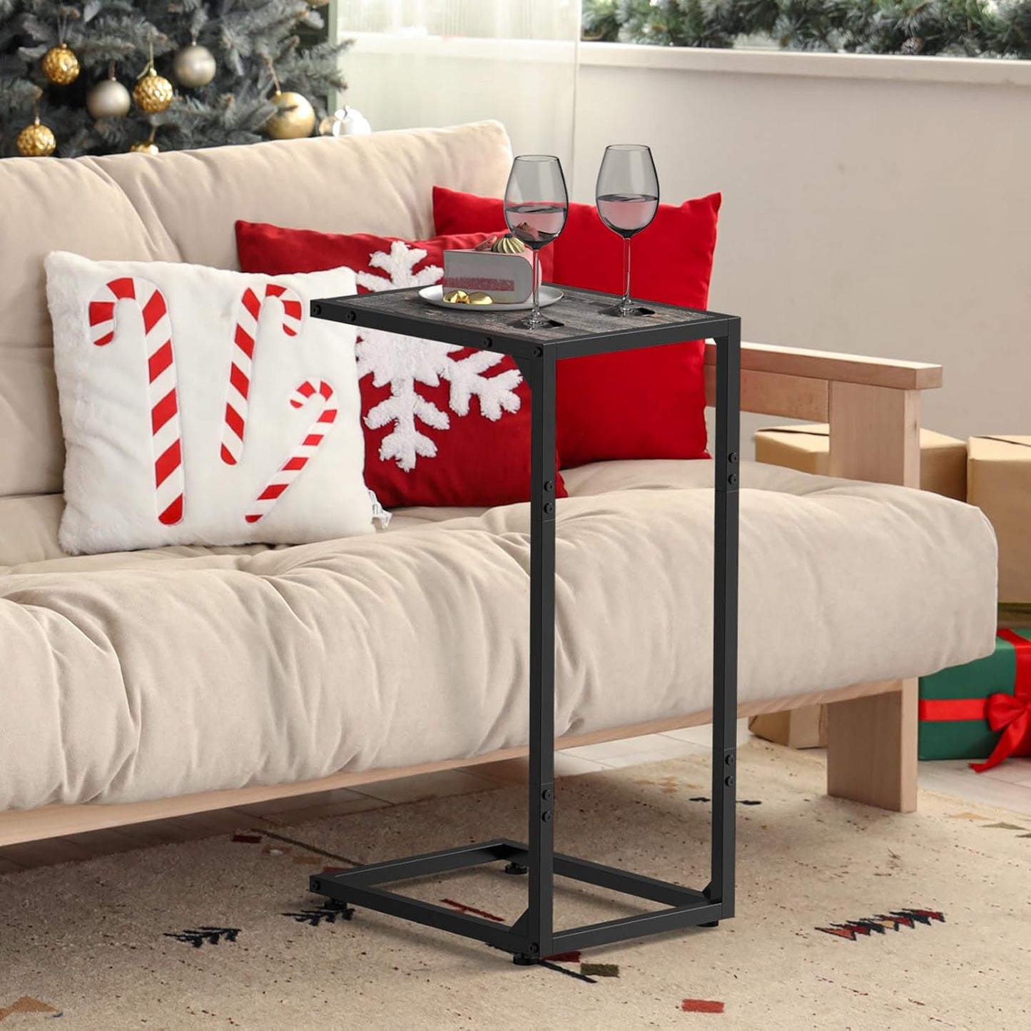 C Shaped End Table Living Room Set of 2 Tray Tables with Metal Frame for Small Spaces, Side Table for Couch Slide Under Sofa, Bedroom, Dark Gray