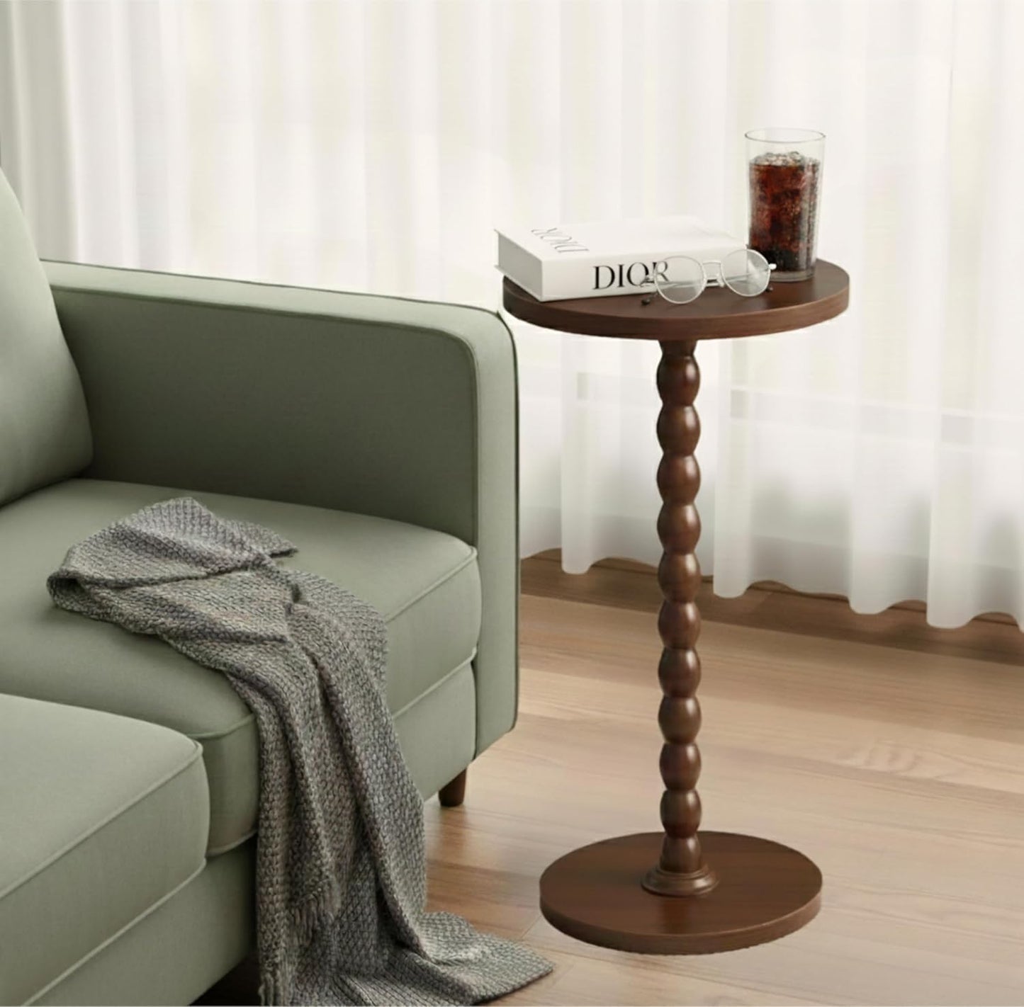 Round Wooden Small Side Table for the Living Room, Modern Pedestal Side Table for Small Spaces, Drinks, Corner, Accent Piece, and Compact Nighstand Bedroom, Tool-Free Assembly Easy, Walnut