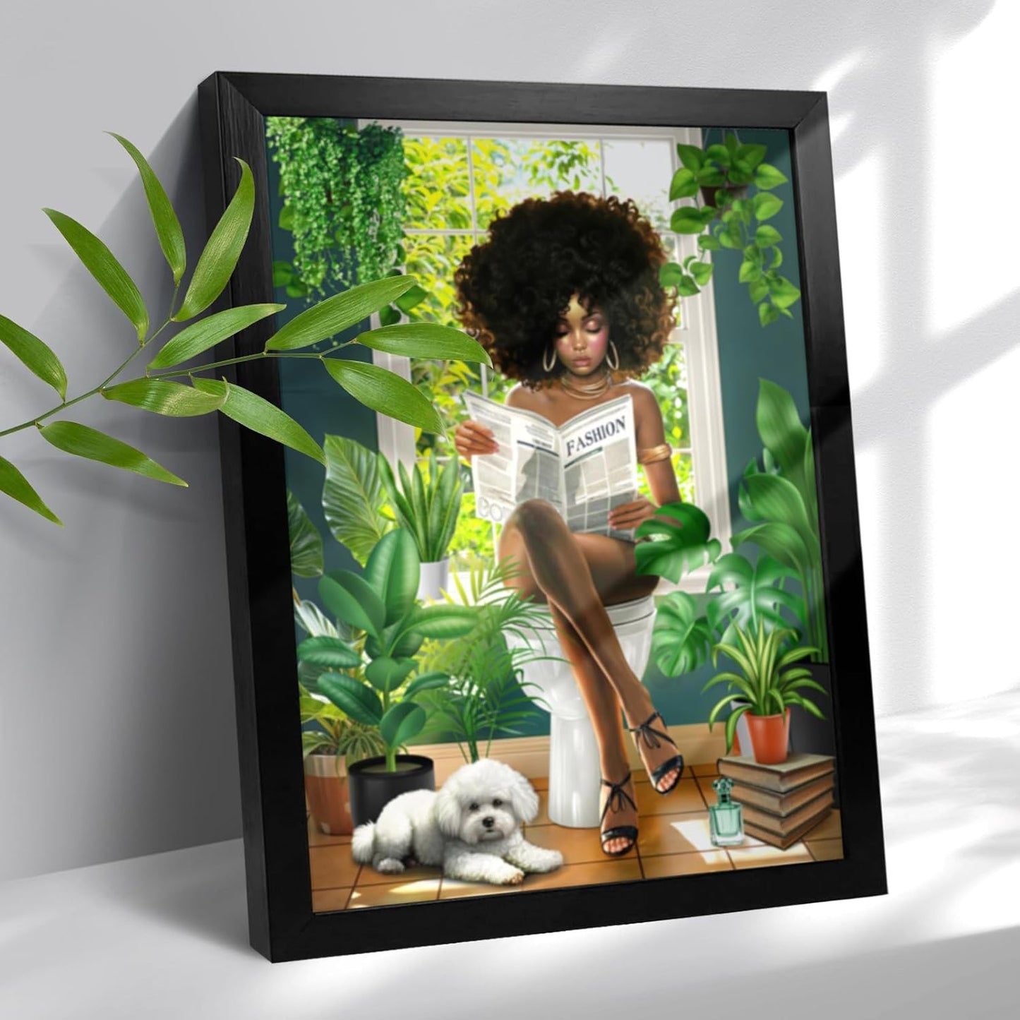 Framed African American Bathroom Decor Wall Art Green Botanical Black Girl Pictures Canvas Wall Decor Fashion Modern Black Woman Artwork For Bathroom Bedroom 12"x16"