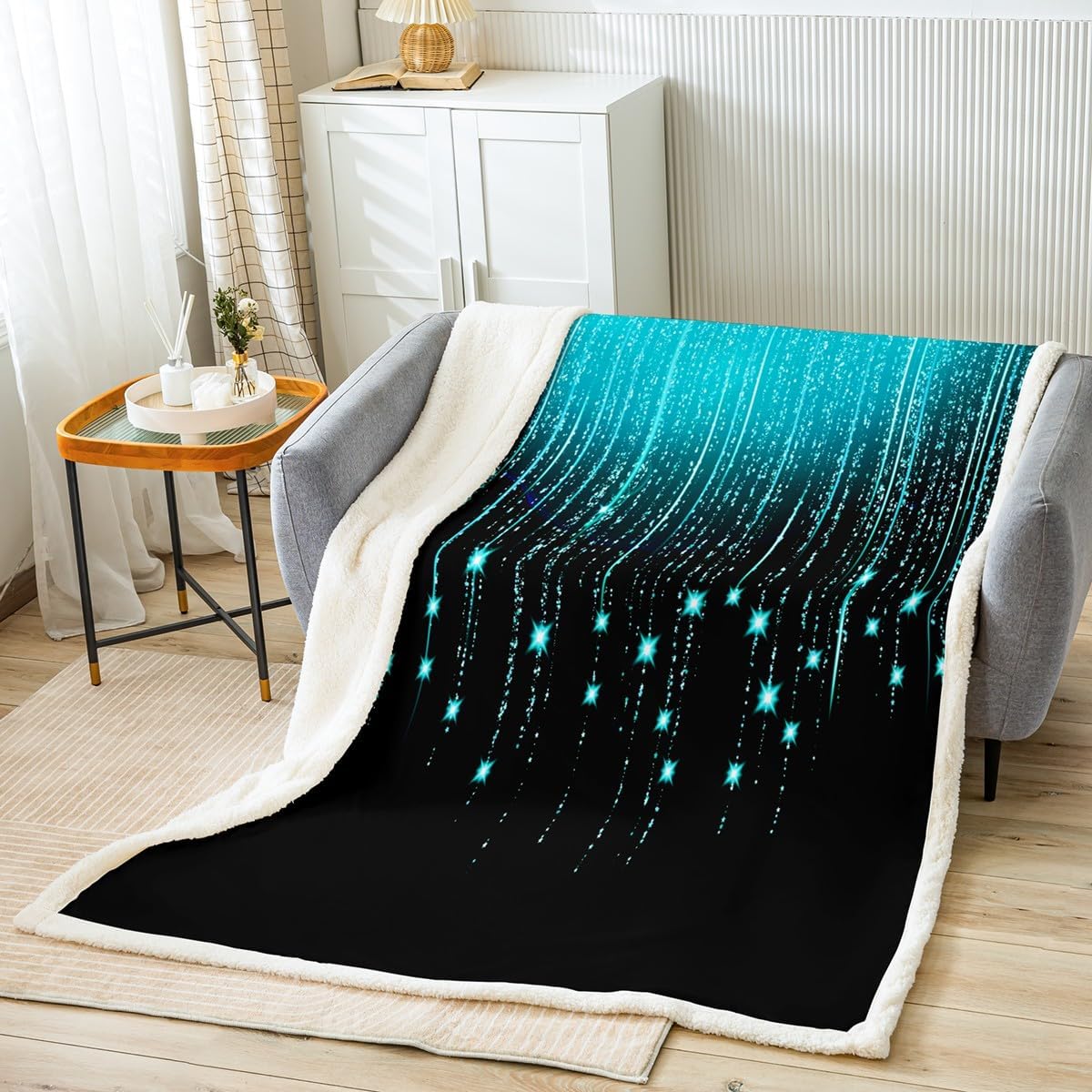 Feelyou Abstract Ombre Sherpa Blanket Teal Black Teens Fleece Throw Blanket for Boys Girls Women Kids Modern Geometric Fuzzy Blanket for Sofa Bed Couch Glitter Galaxy Stars Decor,Throw 50x60 Inches
