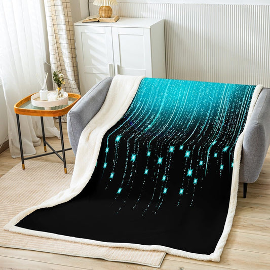 Feelyou Abstract Ombre Sherpa Blanket Teal Black Teens Fleece Throw Blanket for Boys Girls Women Kids Modern Geometric Fuzzy Blanket for Sofa Bed Couch Glitter Galaxy Stars Decor,Throw 50x60 Inches