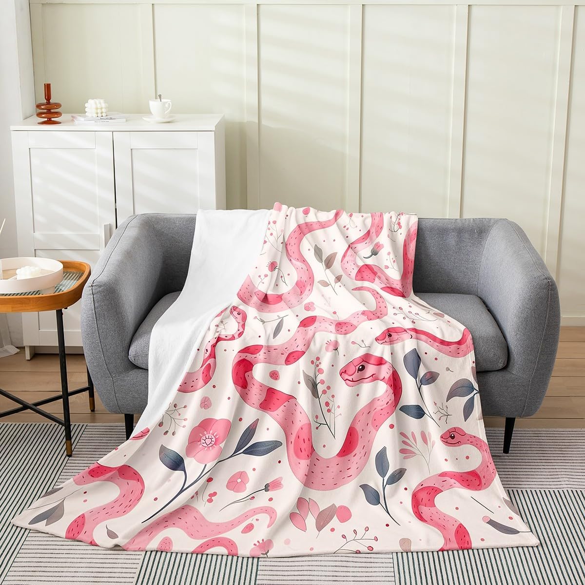 Pink Snake Throw Blanket Watercolor Pink Gray Flowers Decor Bed Blanket for Kids Teens Adults Cute Cartoon Wild Snake Animal Decor Flannel Blanket for Bedroom Throw 50x60