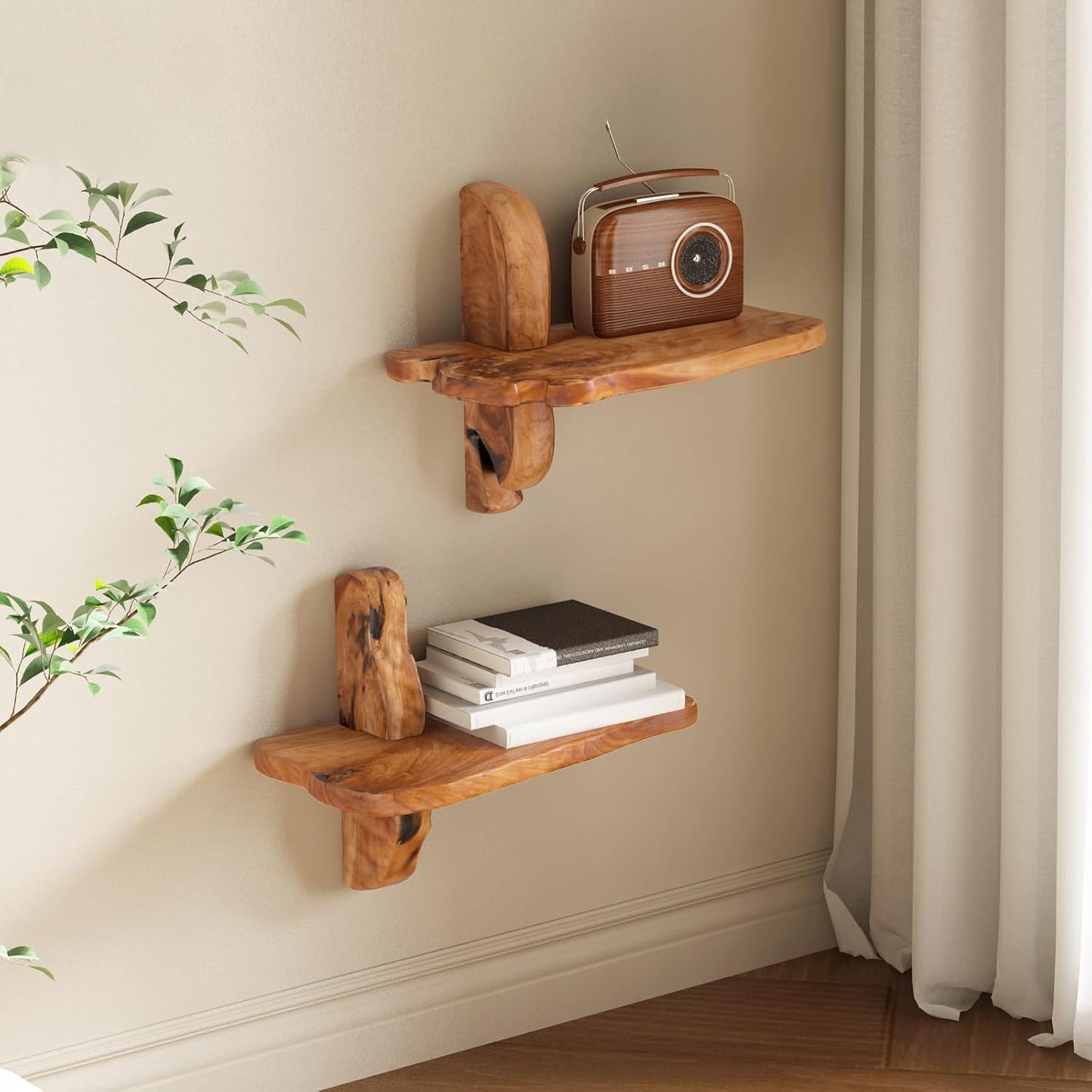 Live Edge Wall Mounted Beside Shelf – 16" Set of 2, Floating Nightstand Handcrafted Root Cedar Bedside Floating Shelf, Unique Natural Wood Wall Decor for Bedroom, Living Room, or Entryway