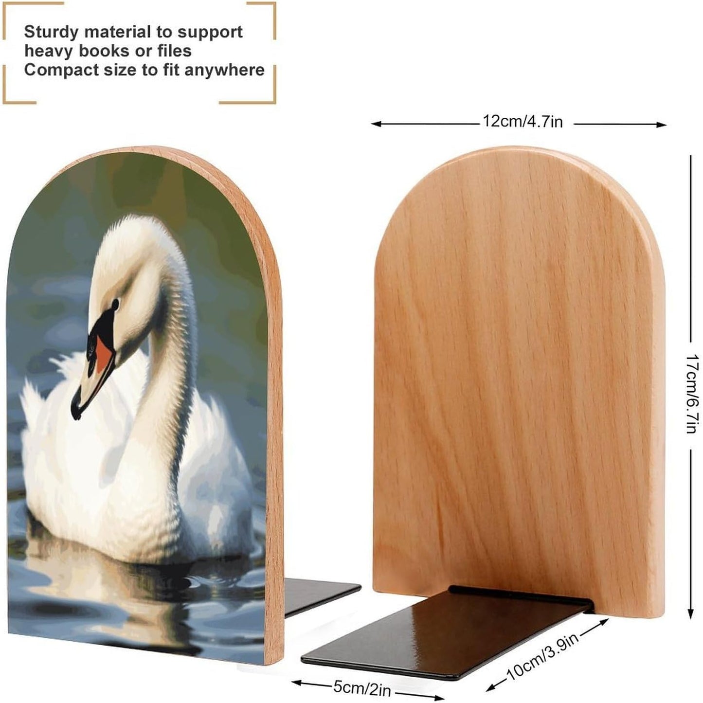 Non-Slip Bookend for Shelves Cute Little Swan Wooden Bookends with Metal Base Decorative Book Stopper for Home Heavy Duty Wood Book Storage for Books/CDs