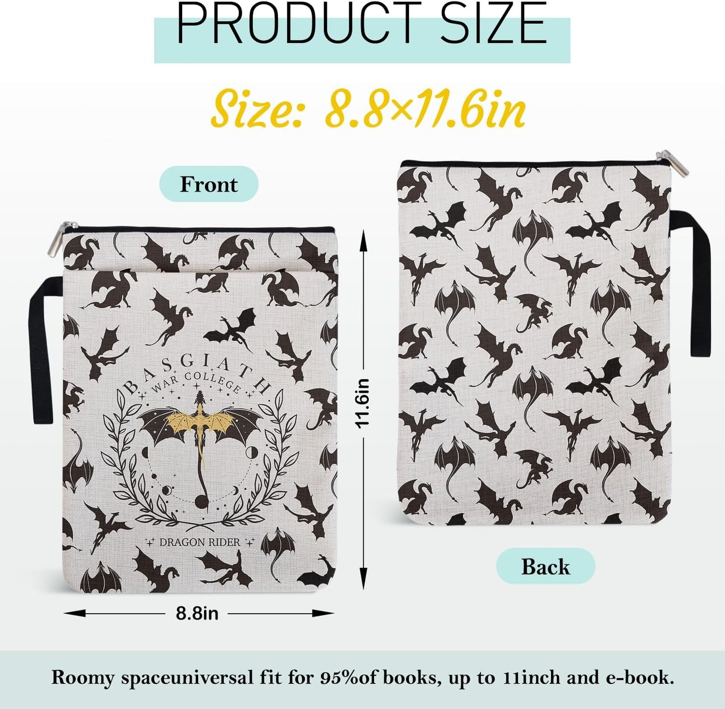 Fourth Wings Inspired Book Sleeve for Book Lovers, Dark Academia Dragons Paperback Sleeve for Librarian Bookish Group Club Gifts for Women, Book Cover with Zipper and Handle for Paperbacks 9x12 Inch